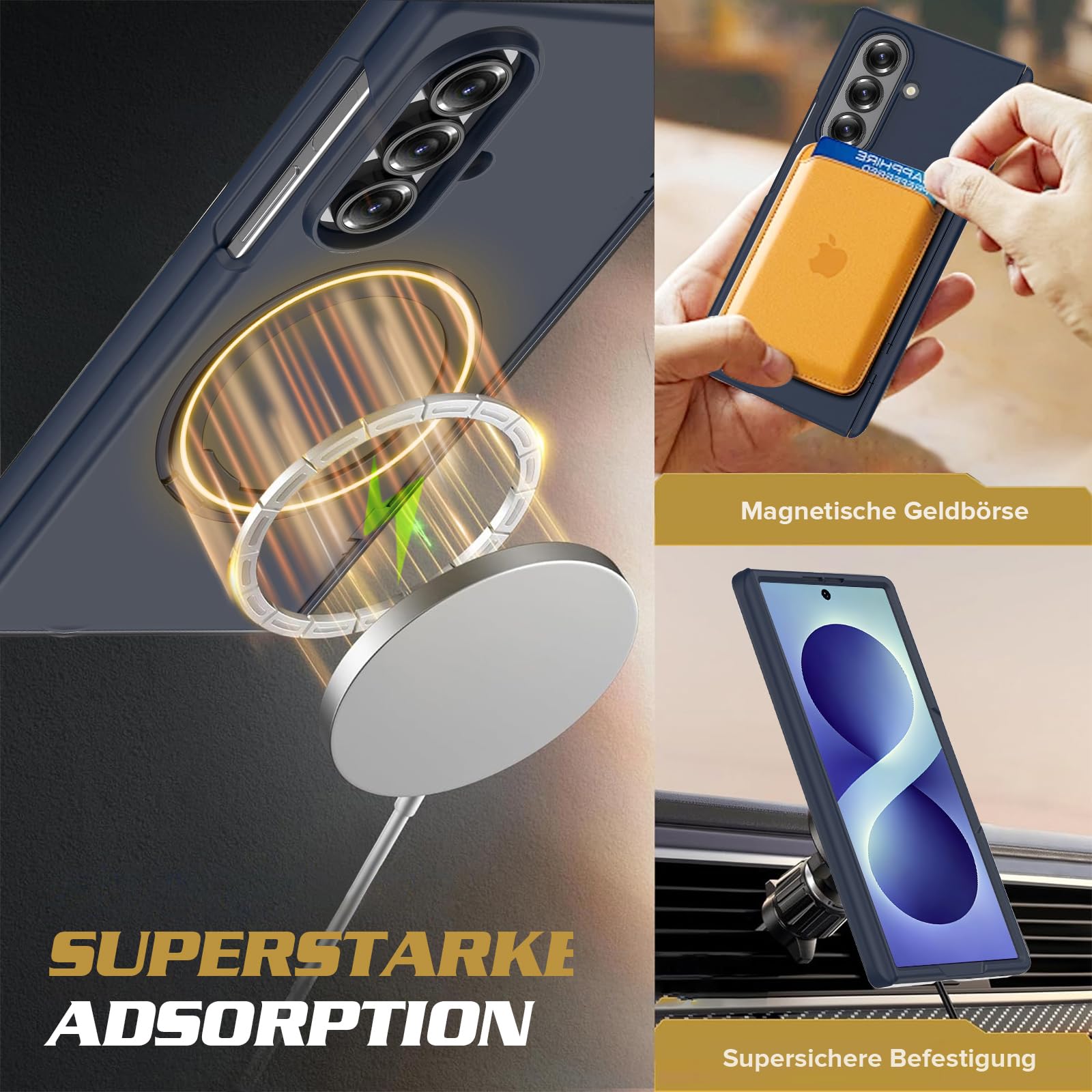 Custodia magnetica per Samsung Galaxy Z Fold 8 Ultra, custodia rigida in policarbonato opaco con pellicola protettiva, protezione cerniera, supporto a 360°, anello magnetico antiurto (blu)