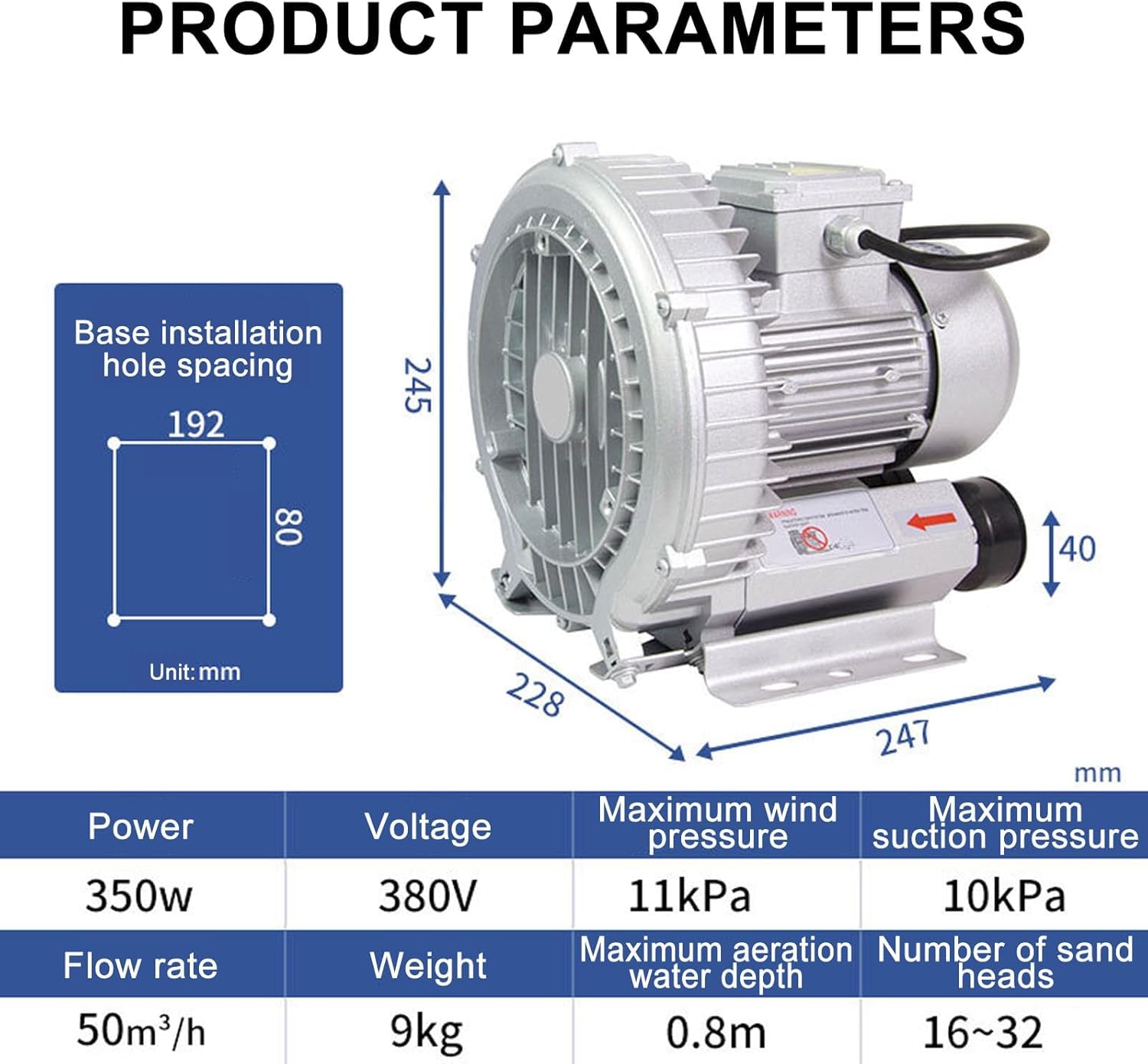 Pompka turbinowa do stawów i basenów, przemysłowa dmuchawa 220V/380V, regeneracyjna z filtrem przeciwpyłowym (350 W/380 V)