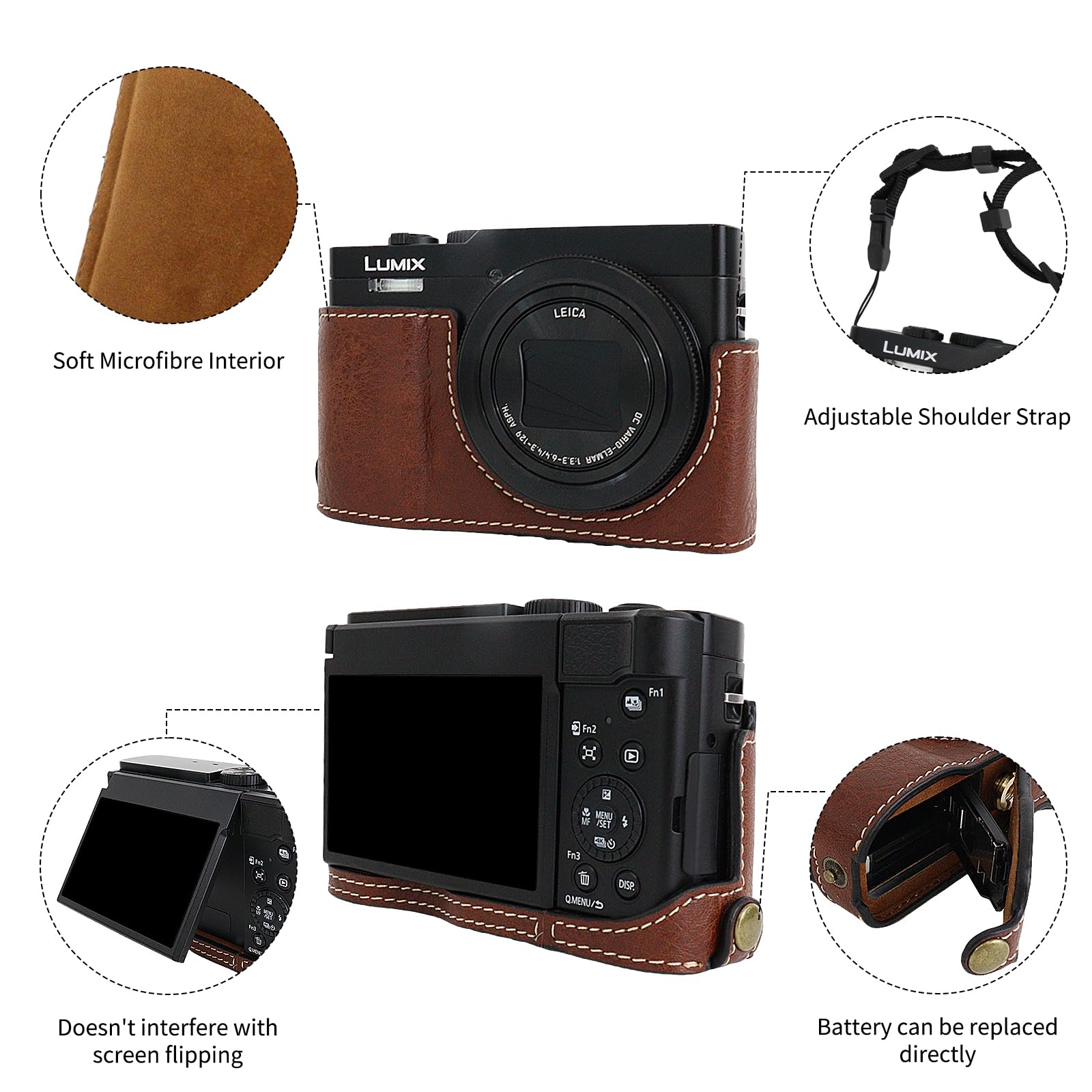 Rieibi TZ99 Custodia per fotocamera, custodia in pelle PU per fotocamera digitale Panasonic Lumix DC-TZ99, custodia protettiva staccabile con tracolla regolabile, custodia di bellezza