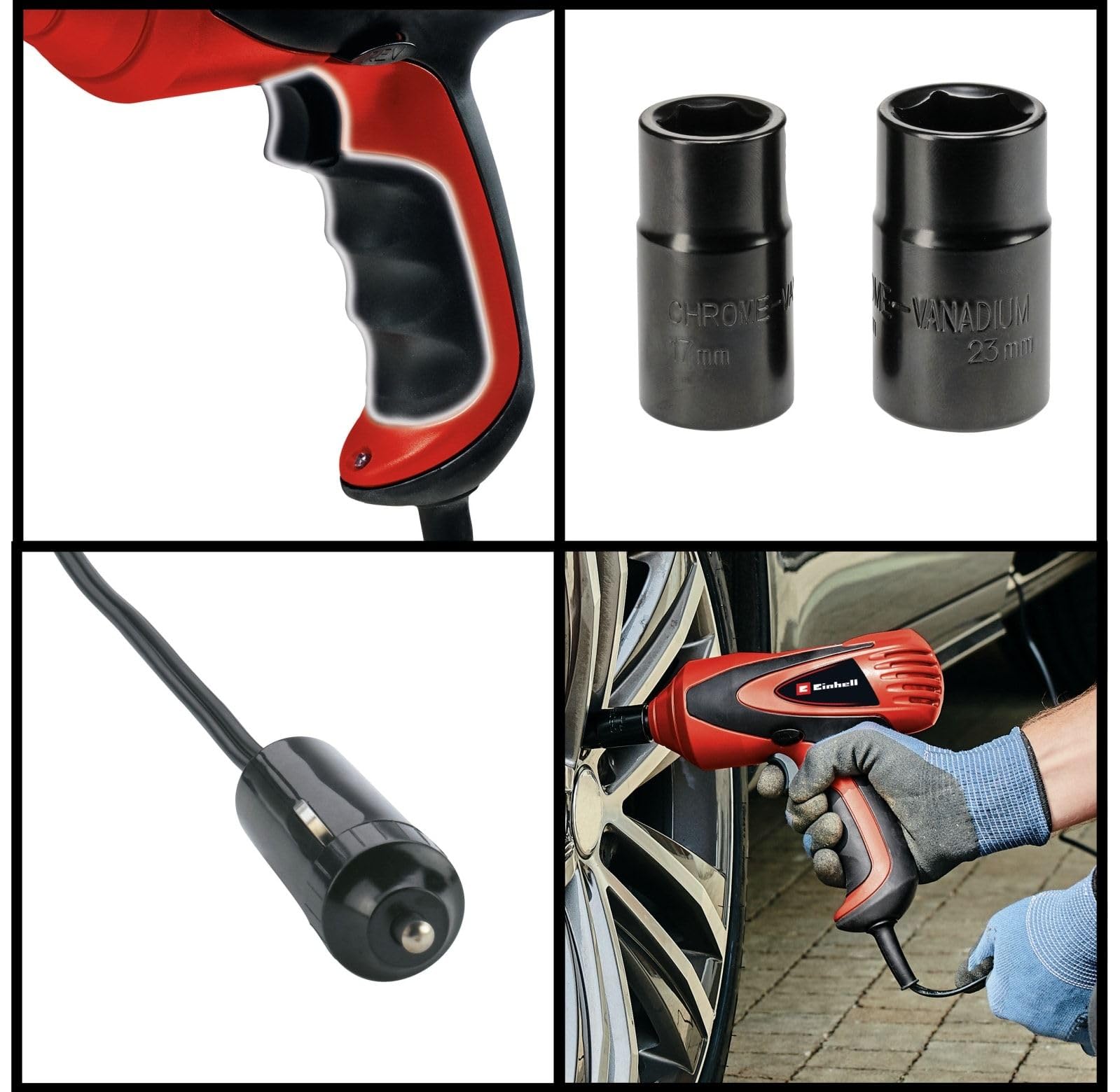 Einhell CC-HS 12/1 Avvitatore a impulsi per auto (12 V, solo per presa accendisigari, torsione max 350 Nm, luce a LED, livella incorporata, incl. chiavi a bussola da 17/19 + 21/23 e valigetta)