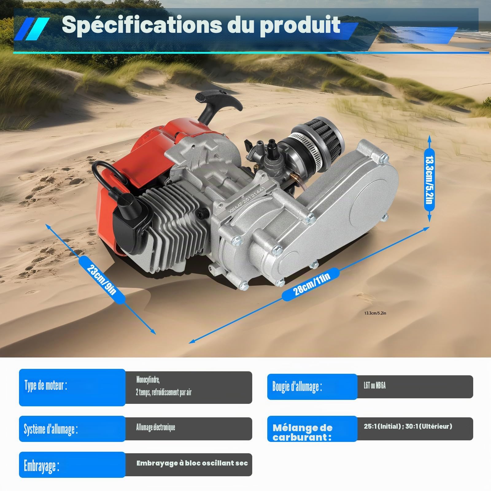 DIFU Pocket Dirt Bike Moteur 2 temps Mise à niveau Mini moteur Go Kart Essence Beach Bike ATV Engine 3 CV pour 49 cm³ 50 cm3