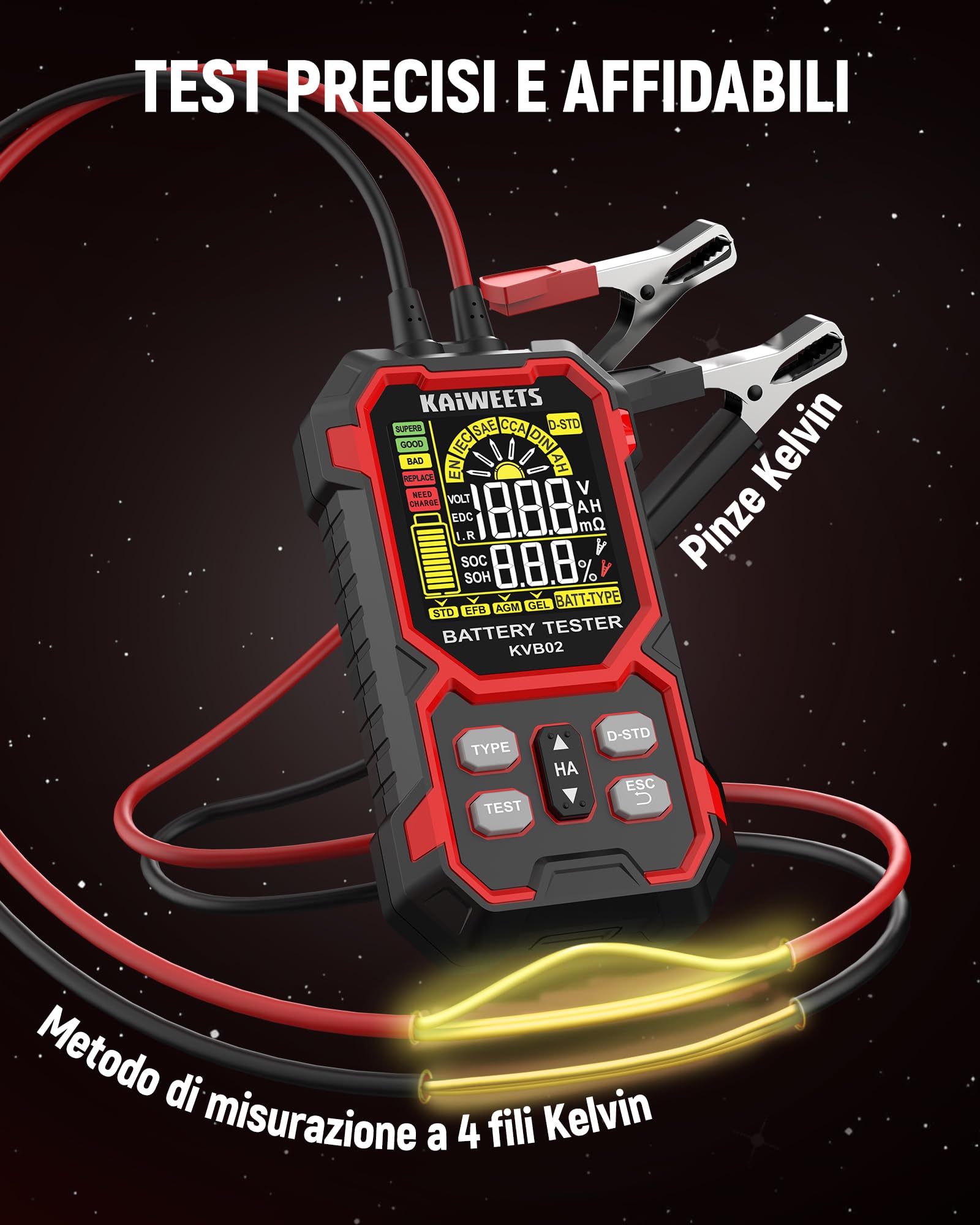 KAIWEETS Tester Batteria Auto 12V/24V Digitale Test Batteria Auto 50–2000 CCA con Analisi SOH/SOC Display LCD Test Avviamento per Veicolo/SUV/Veicolo