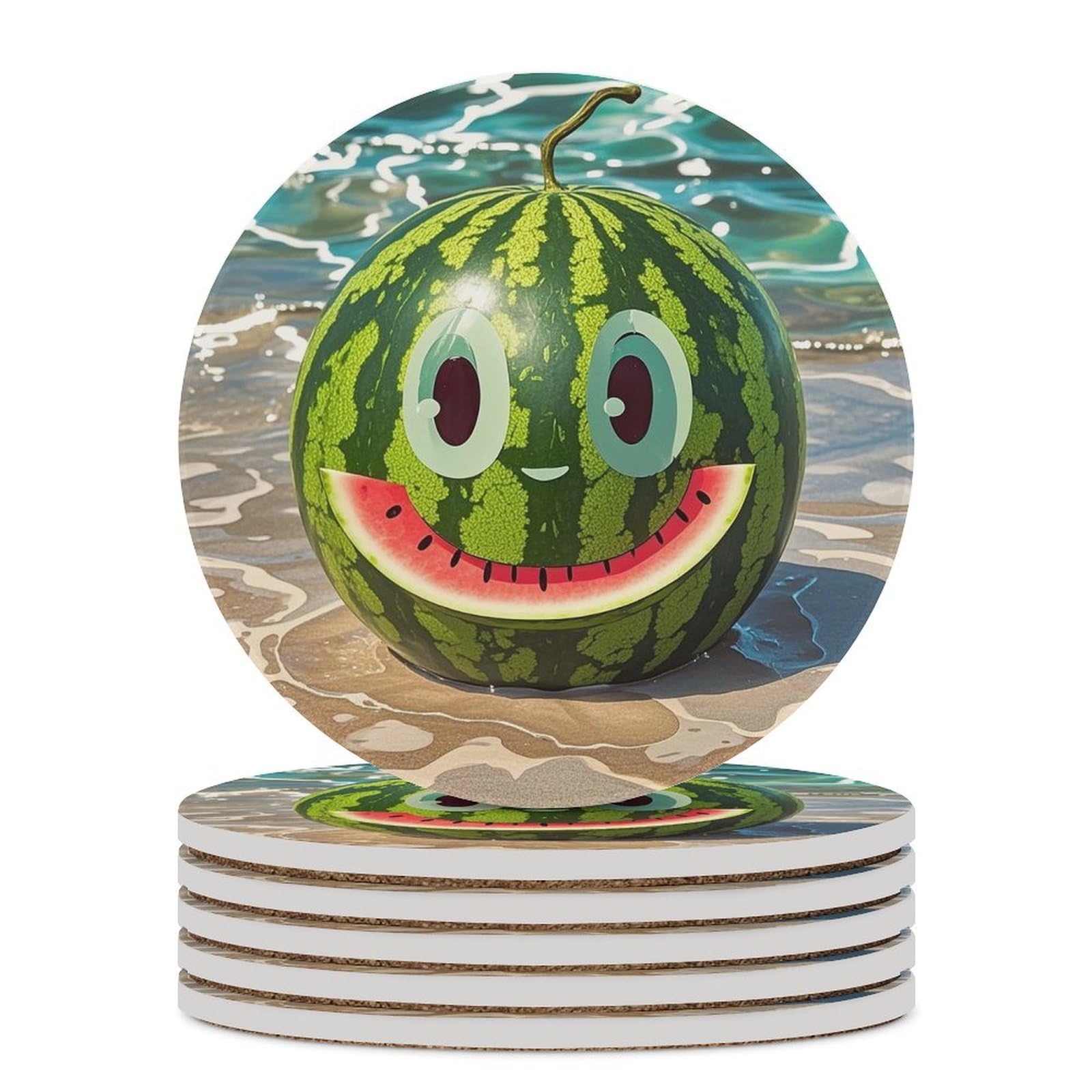 Dessous de verre en céramique pastèque avec smiley pour table basse | Lot de 6