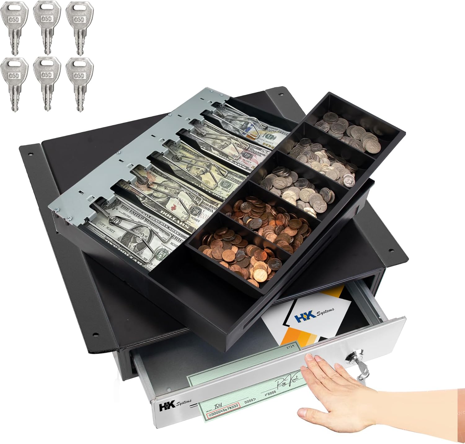 HK SYSTEMS 16" Heavy Duty Black Push Open Cash Drawer, 5B5C with Under Counter Mounting Metal Bracket