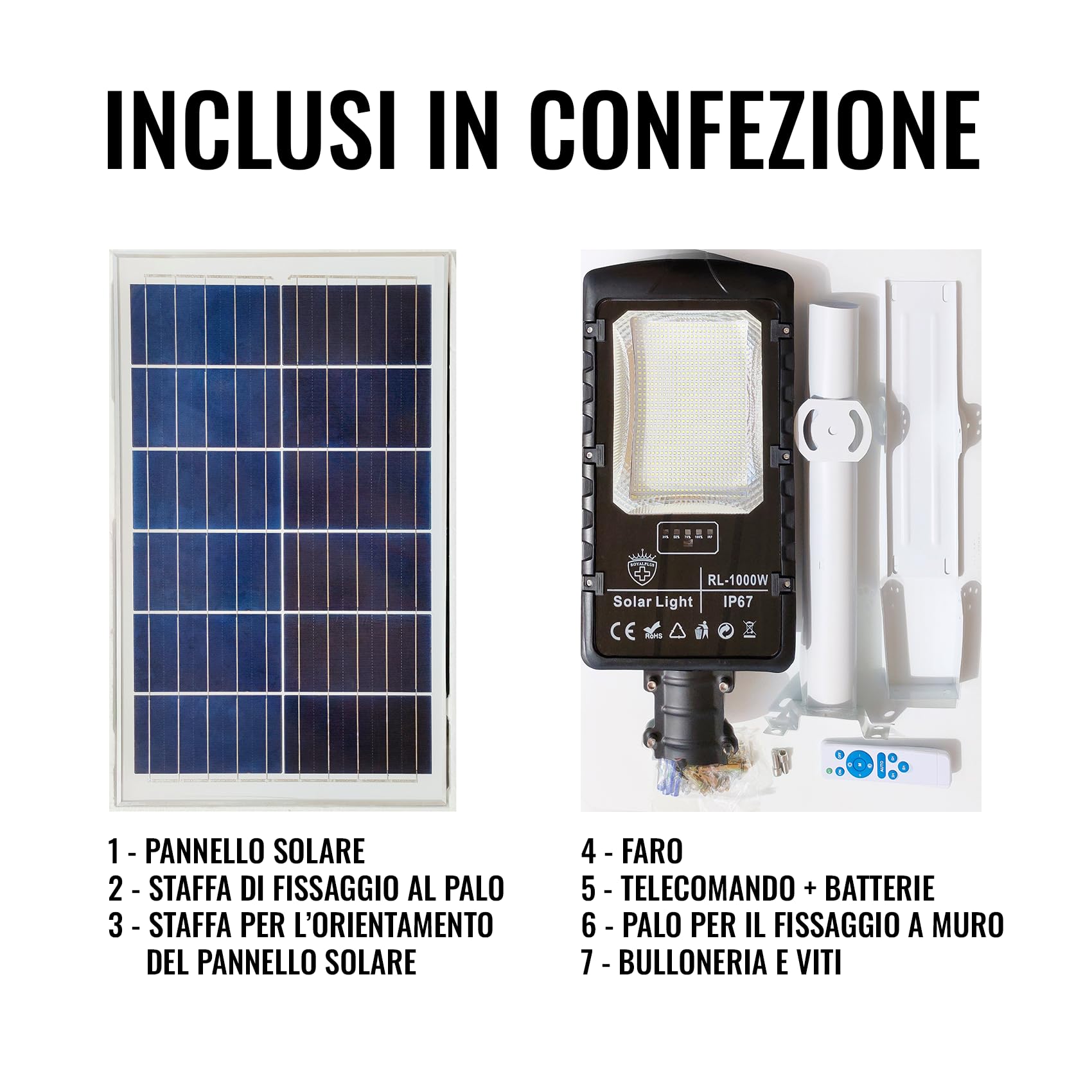 Generico Faretto a Led da 1000W Lampione Stradale con staffa e Pannello Solare Telecomando Luce Bianca Potente 858 LED SMD 6500K