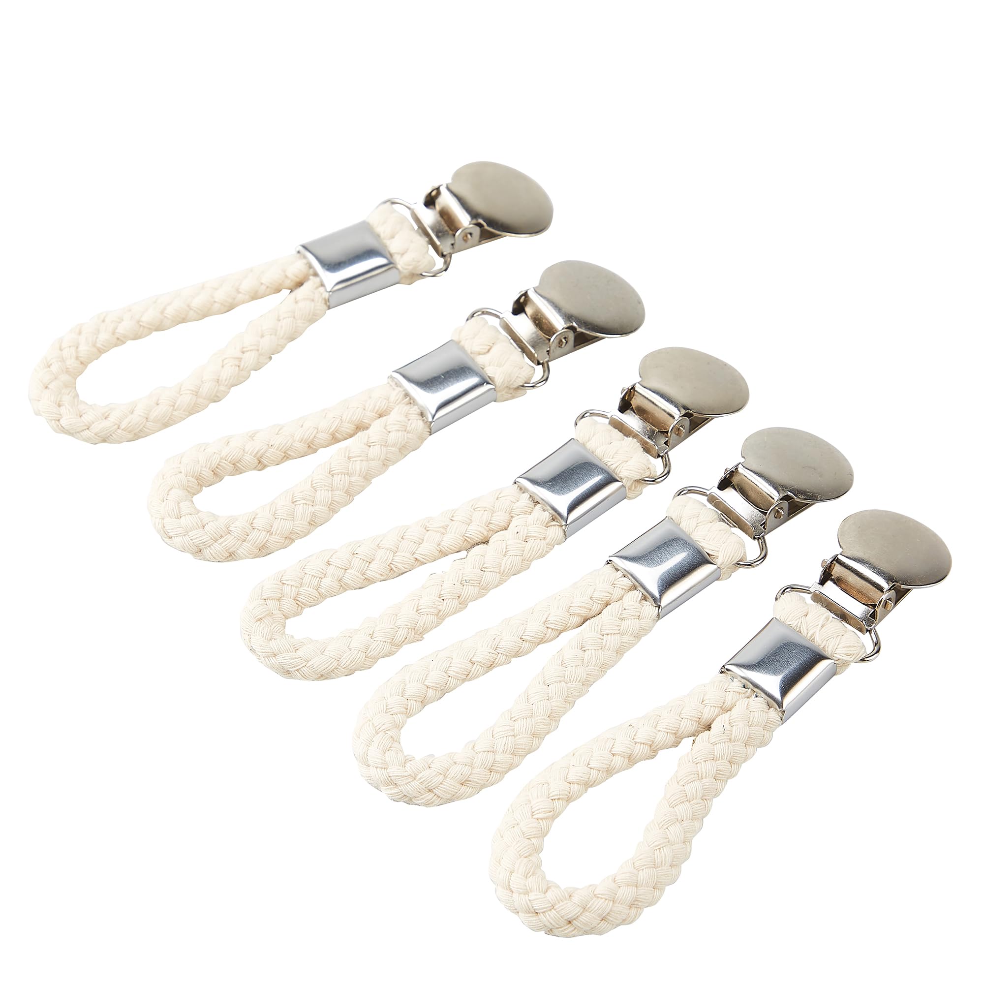 Tcrogsciss Silver And White Kitchen Towel Clips With Cotton Braided Loop, 5 Pack, Metal Hanging Hooks For Tea Towels, Silver