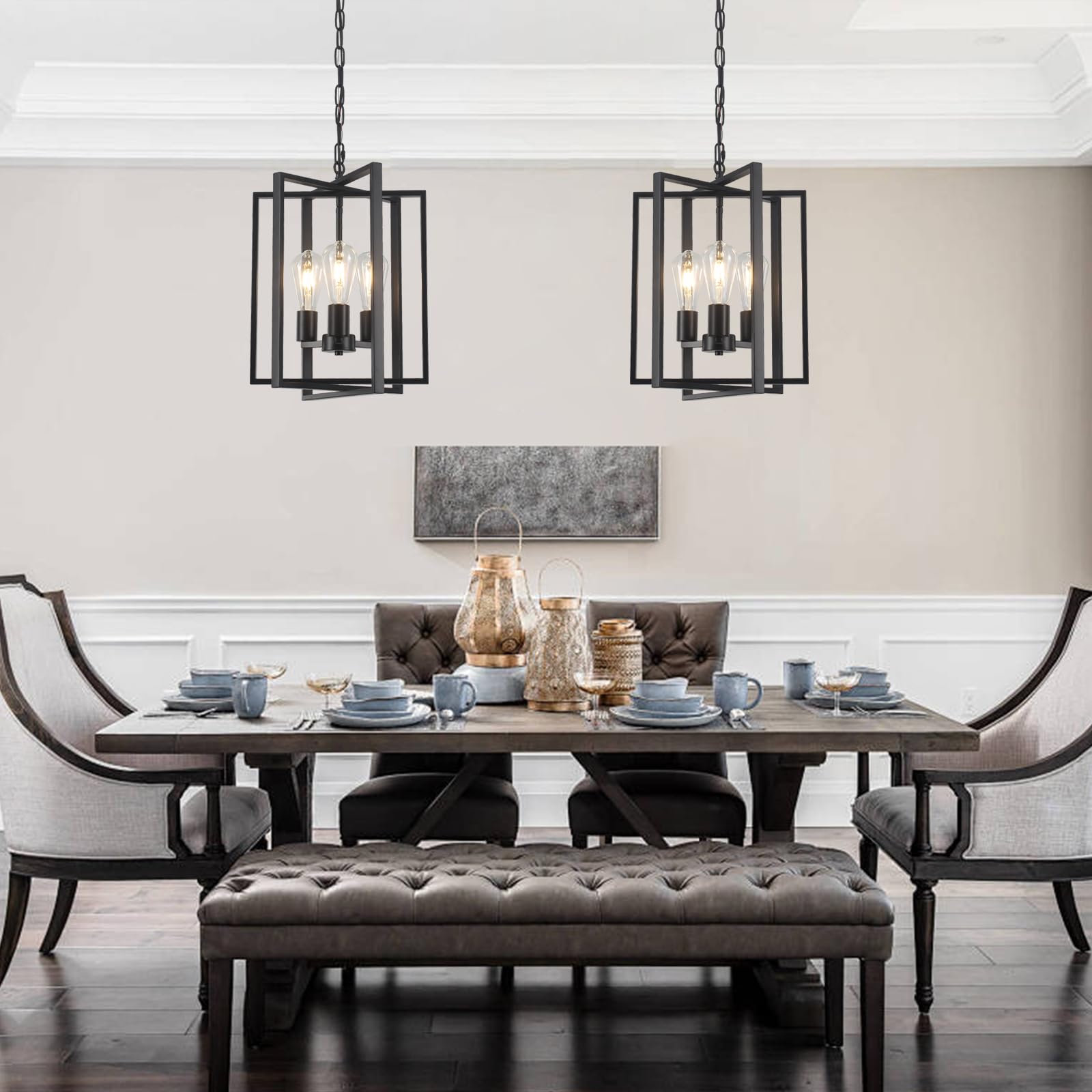 Black Farmhouse Modern Chandelier Light Fixture for Dining Room, 3 Light Rustic Kitchen Island Metal Pendant Hanging, Adjustable Geometric Foyer Light Fixtures for Entryway Hallway Living Room - Detailed View