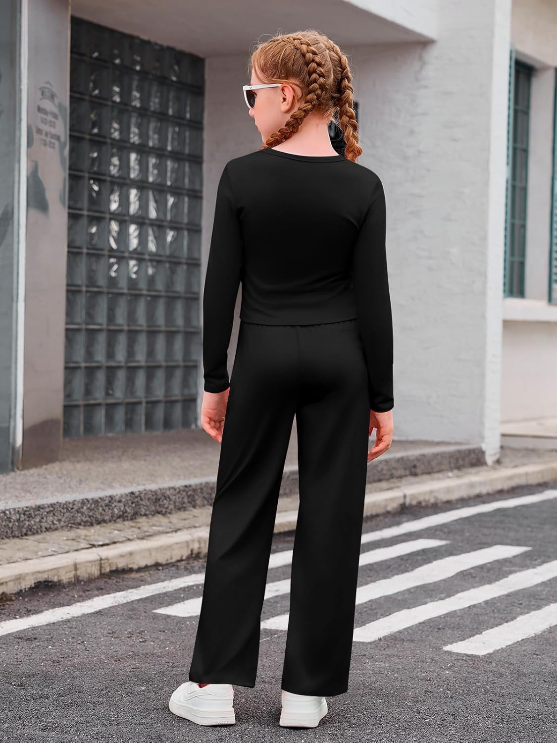 Haloumoning Girls 2 Piece Outfits Kids Ruched Long Sleeve Tops and Wide Leg Pants with Pockets Sweatsuit Clothing Sets - Image 5