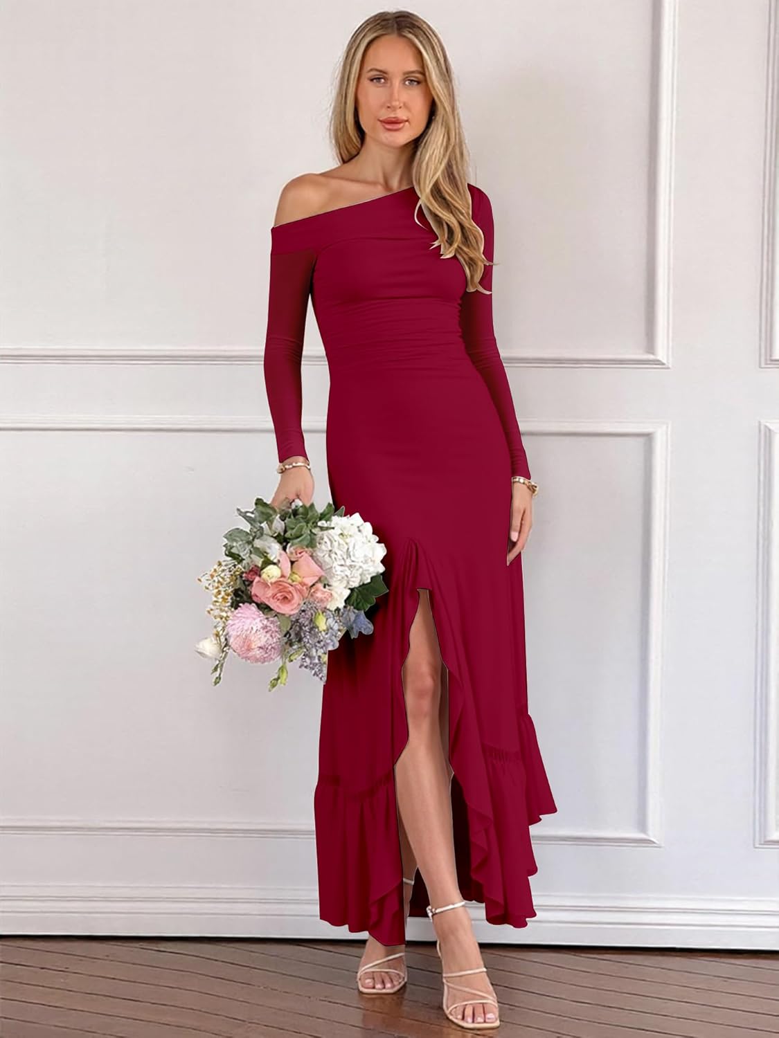 HOCILLE Women's Sexy Bodycon One Shoulder Maxi Dresses for Women Sheer Mesh Long Sleeve Slit Cocktail Party Dress - Image 6