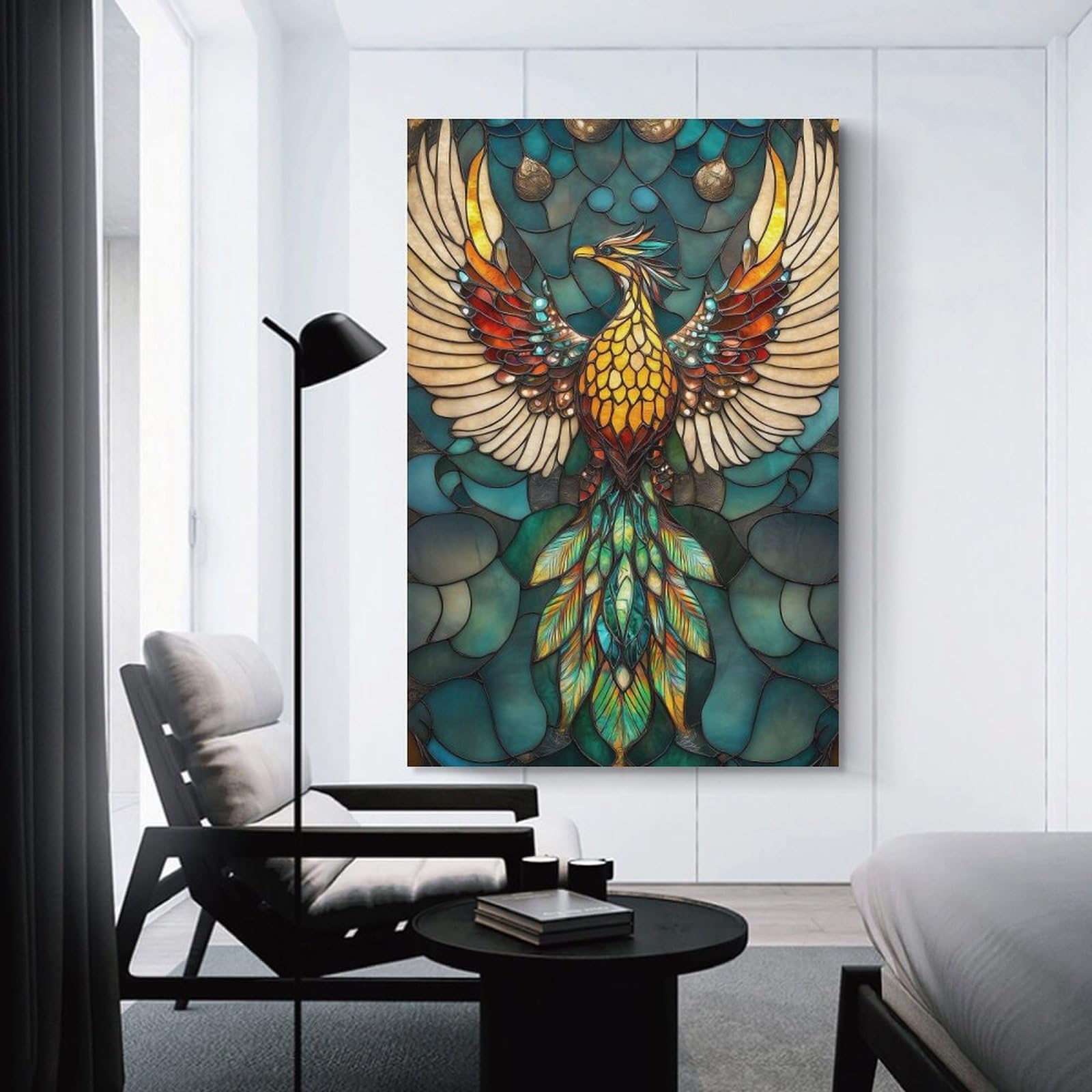 Junmoney Unframe-Style-16 Phoenix Stained Glass Wall Picture Print, 20X30inch(50X75cm), For Gallery Wall Decor And Room Displays, A Versatile Canvas Print For Layering
