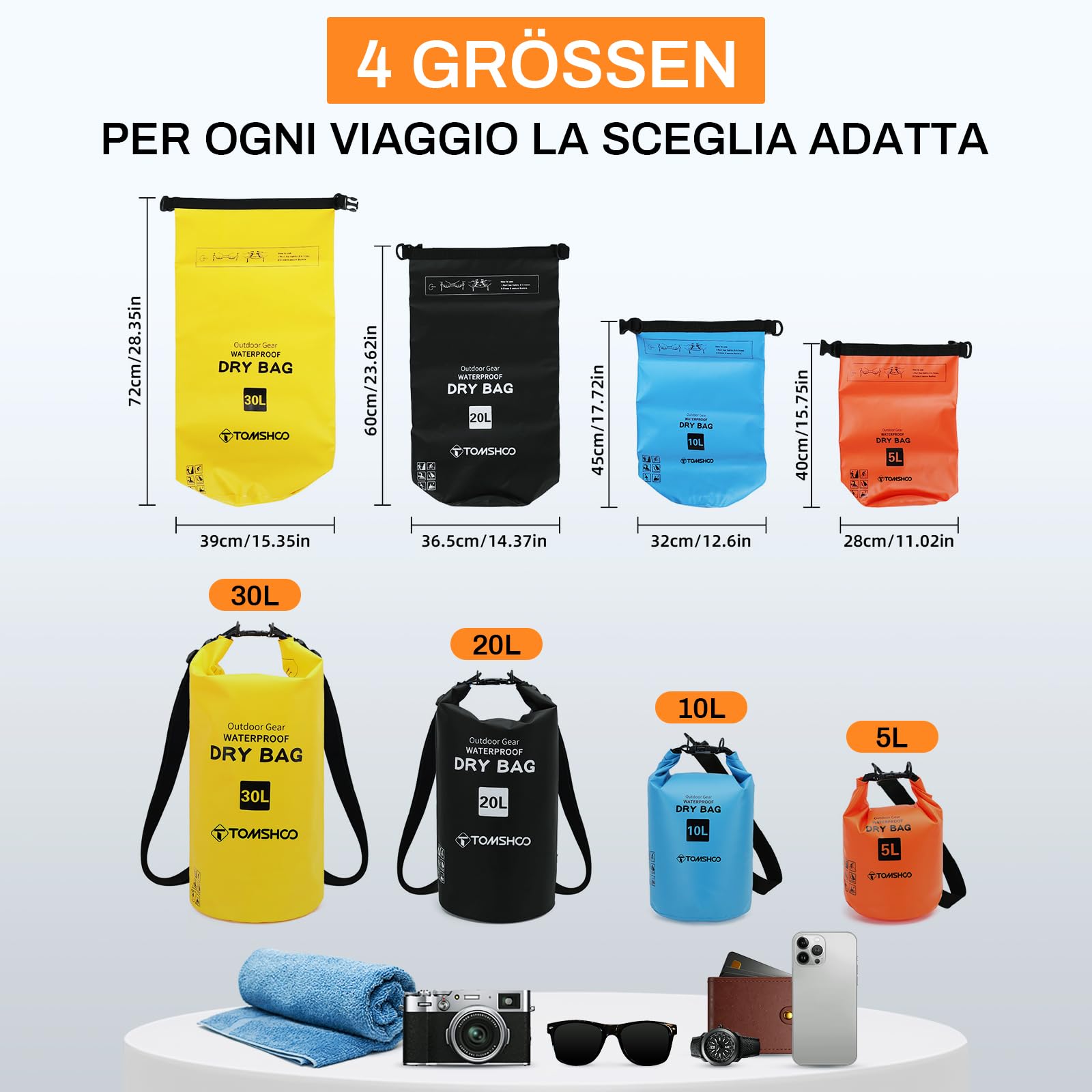TOMSHOO Set di borse impermeabili galleggianti da 5 l/10 l/20 l/30 l | PVC 500D, impermeabile e antistrappo, borsa impermeabile con tracolla regolabile, per kayak, pesca, nuoto e campeggio