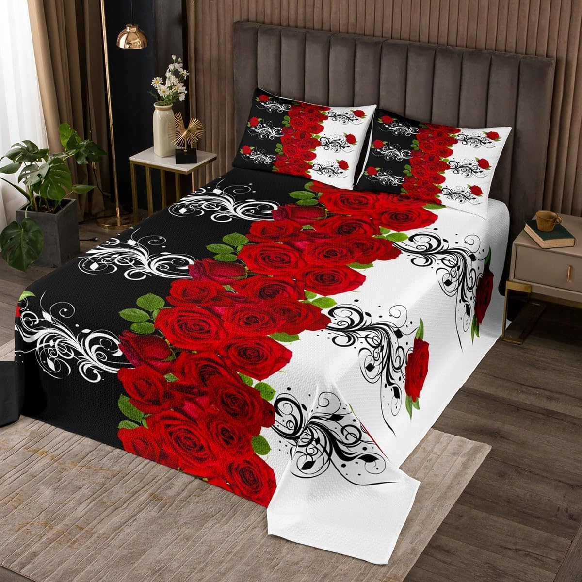 Homewish Red Rose Bedspread Twin Size,Black White Patchwork Bedding Set 2Pcs for Kids Girls Woman Teens Room Decor,Valentine's Day Couple Comforter Set Romantic Wedding Quilt Coverlet,1 Pillowcase