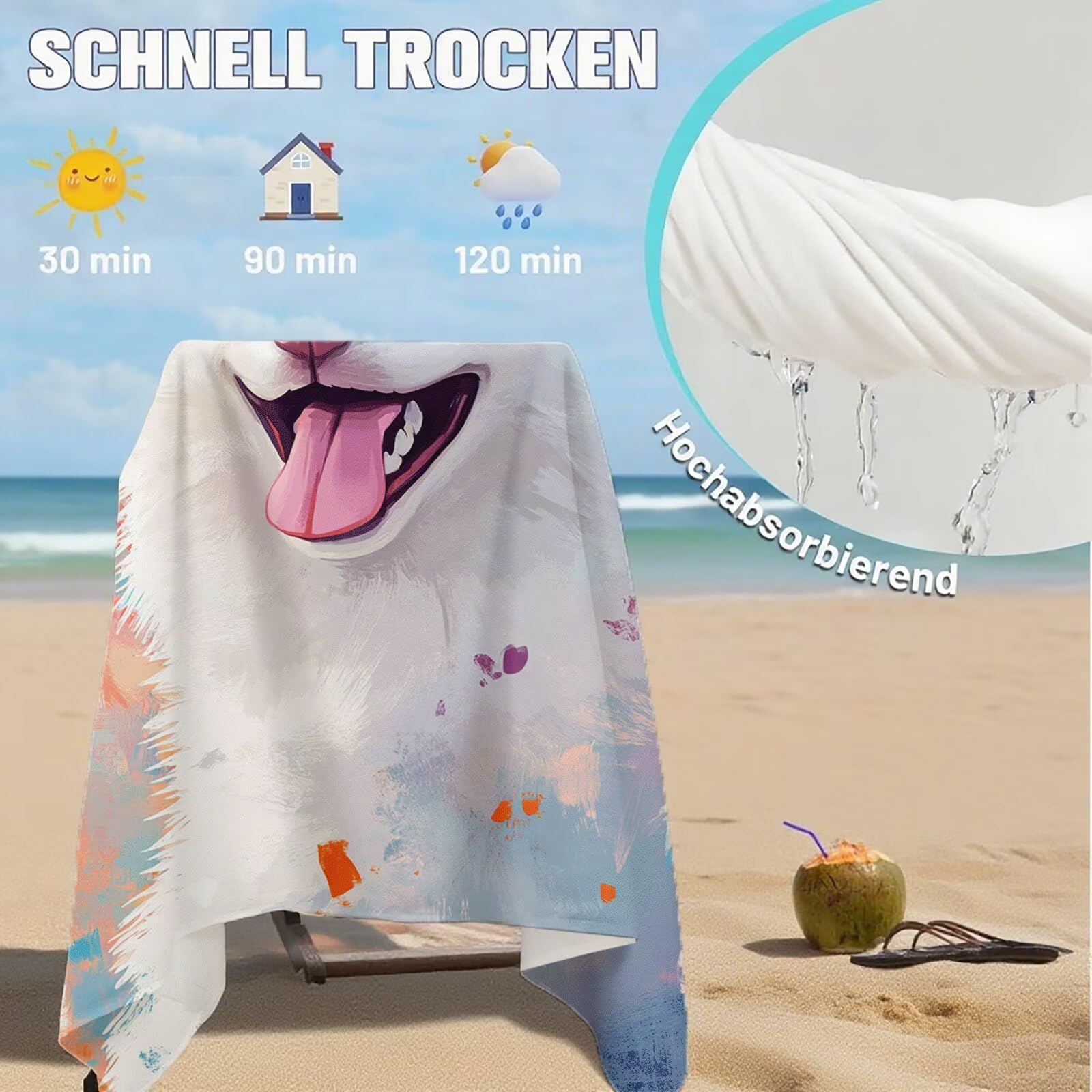 Toallas de Playa Microfibra Perro Toalla Playa Grande 100 x 180 cm Mujer Hombre Secado Rápido Absorbente Toallas Gimnasio Suave Sin Arena Toalla Microfibra para Playas Piscina Viajes Camping Q-108