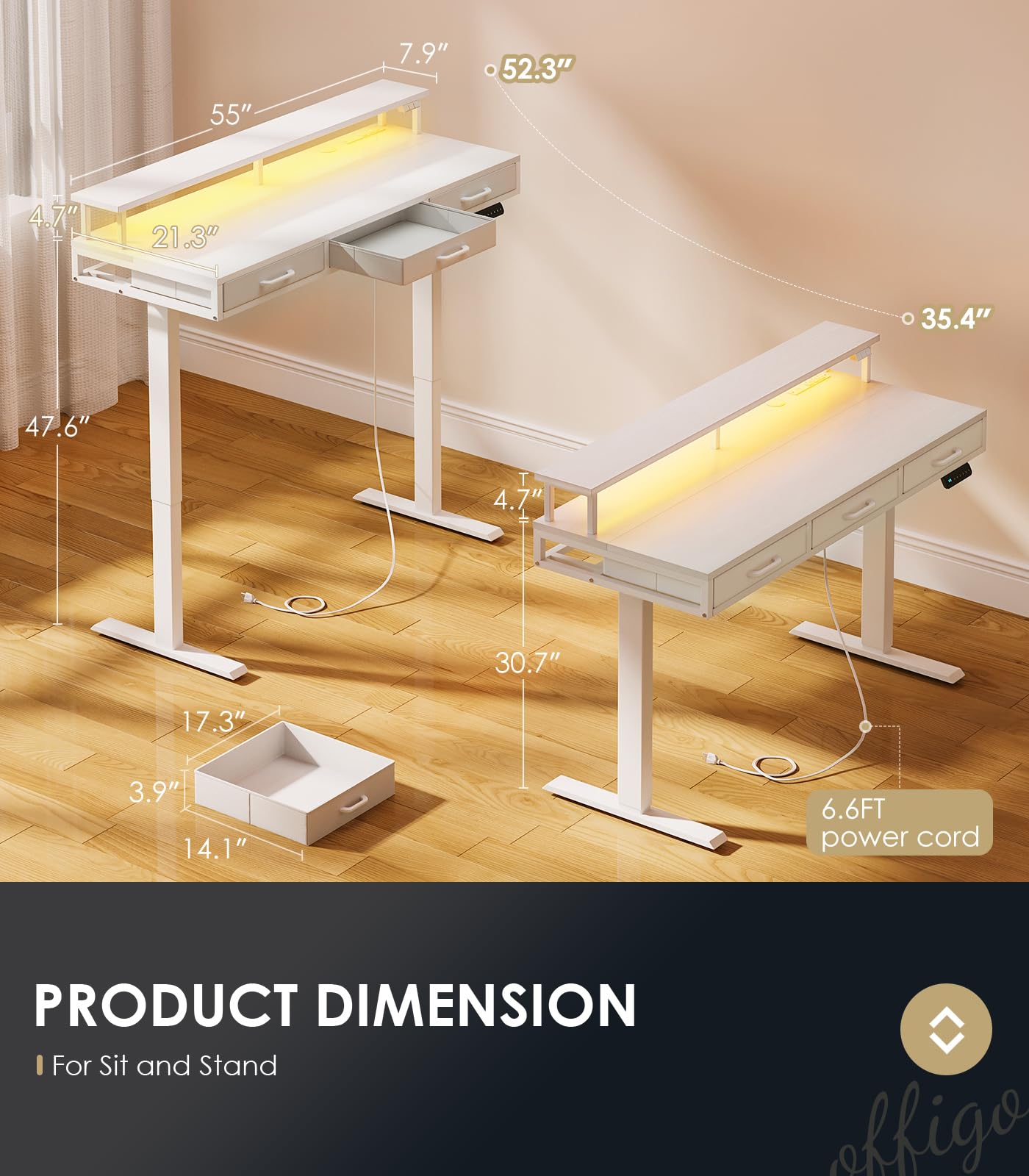 OffiGo Electric Standing Desk with Drawers 55 Inch Height Adjustable Desk with Power Outlets LED Lights Sit Stand — view 3