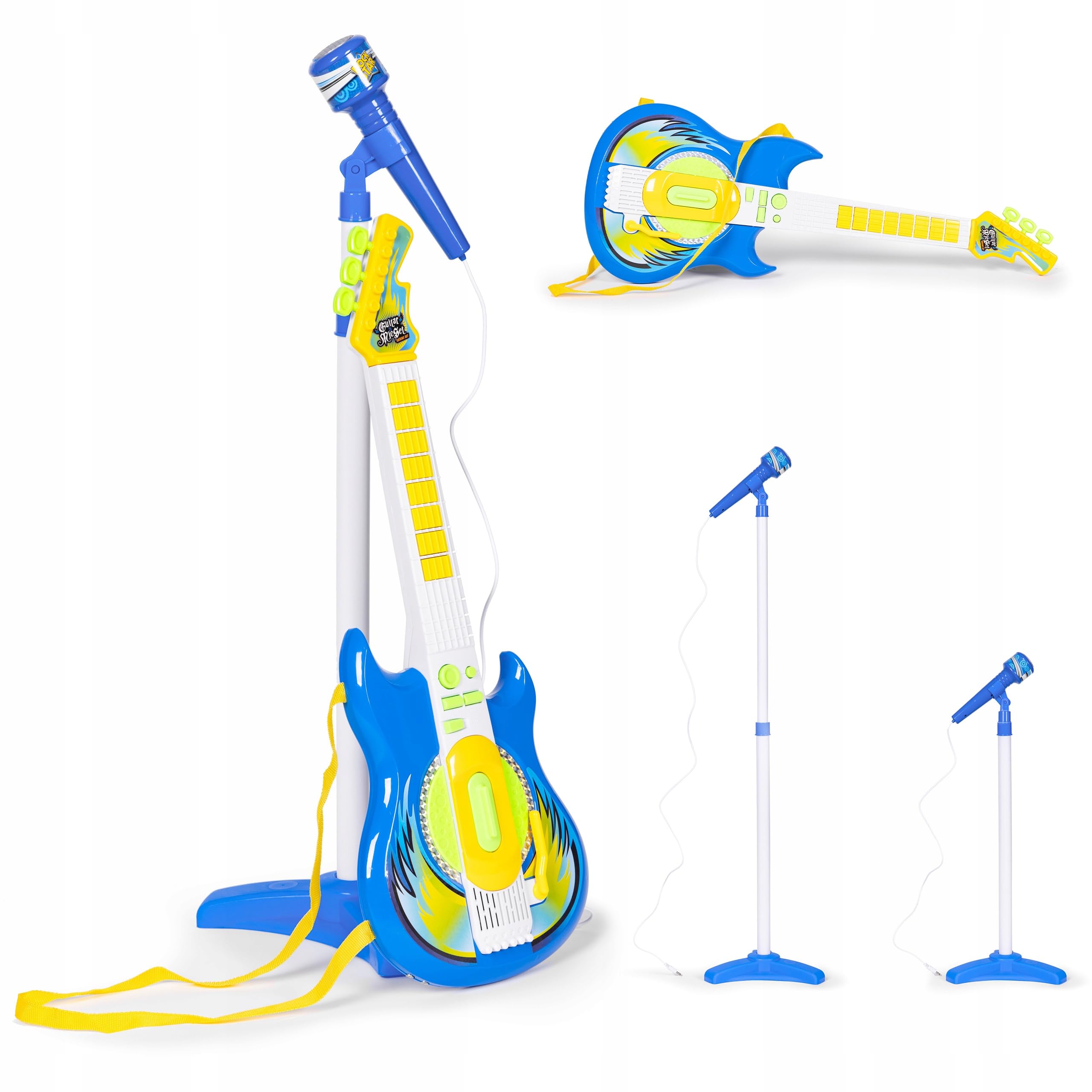 Chitarra Elettrica e Microfono con Asta Giocattolo Bambini Chitarra Rock Microfono Karaoke con Collegamento MP3 Smartphone Asta Regolabile Altoparlante Basi Musicali Chitarre Rock Elettronica (b)