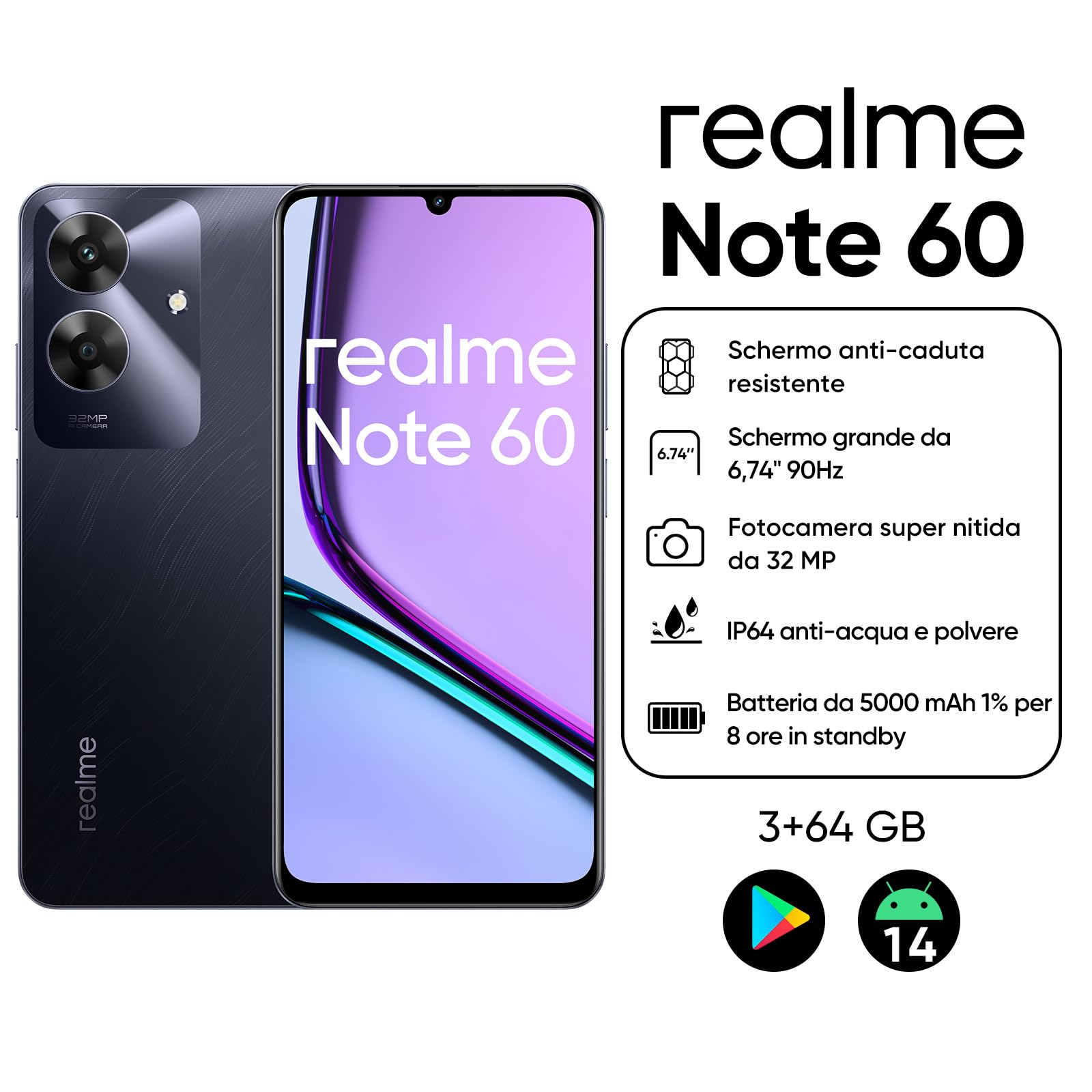 realme Note 60 Smartphone Android 14, 4G Telefono Cellulare Dual SIM, 90Hz Display LCD da 6.74", 3GB RAM 64GB ROM, Batteria da 5000 mAh, 32MP Fotocamera chiara, Octa Core, Nero, senza Adattatore