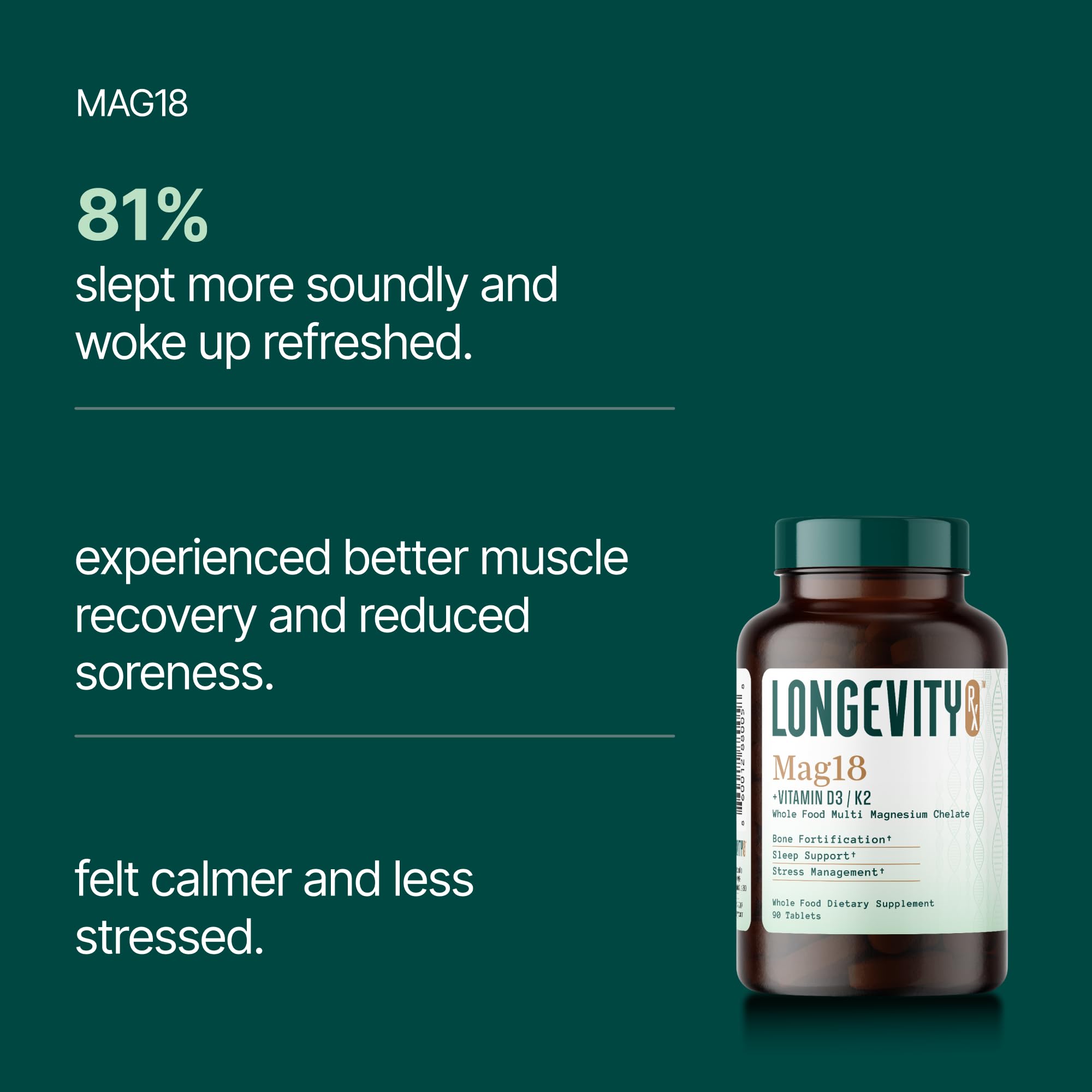 Longevity Rx Mag18 Peptide-Bound Magnesium Complex with D3 & K2, Bone & Muscle Support, Mental Clarity, Sleep Aid thumbnail 6