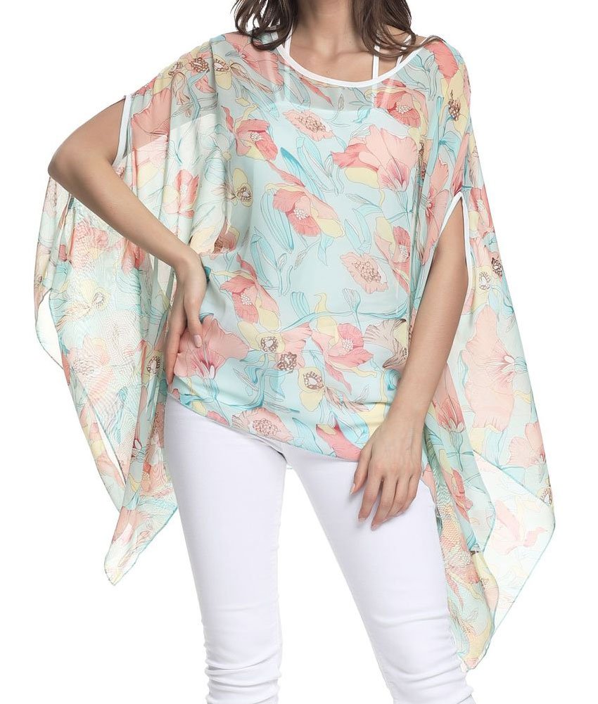Women's Floral Chiffon Blouse Loosen Batwing Sleeve Bohemian Tunic Tops
