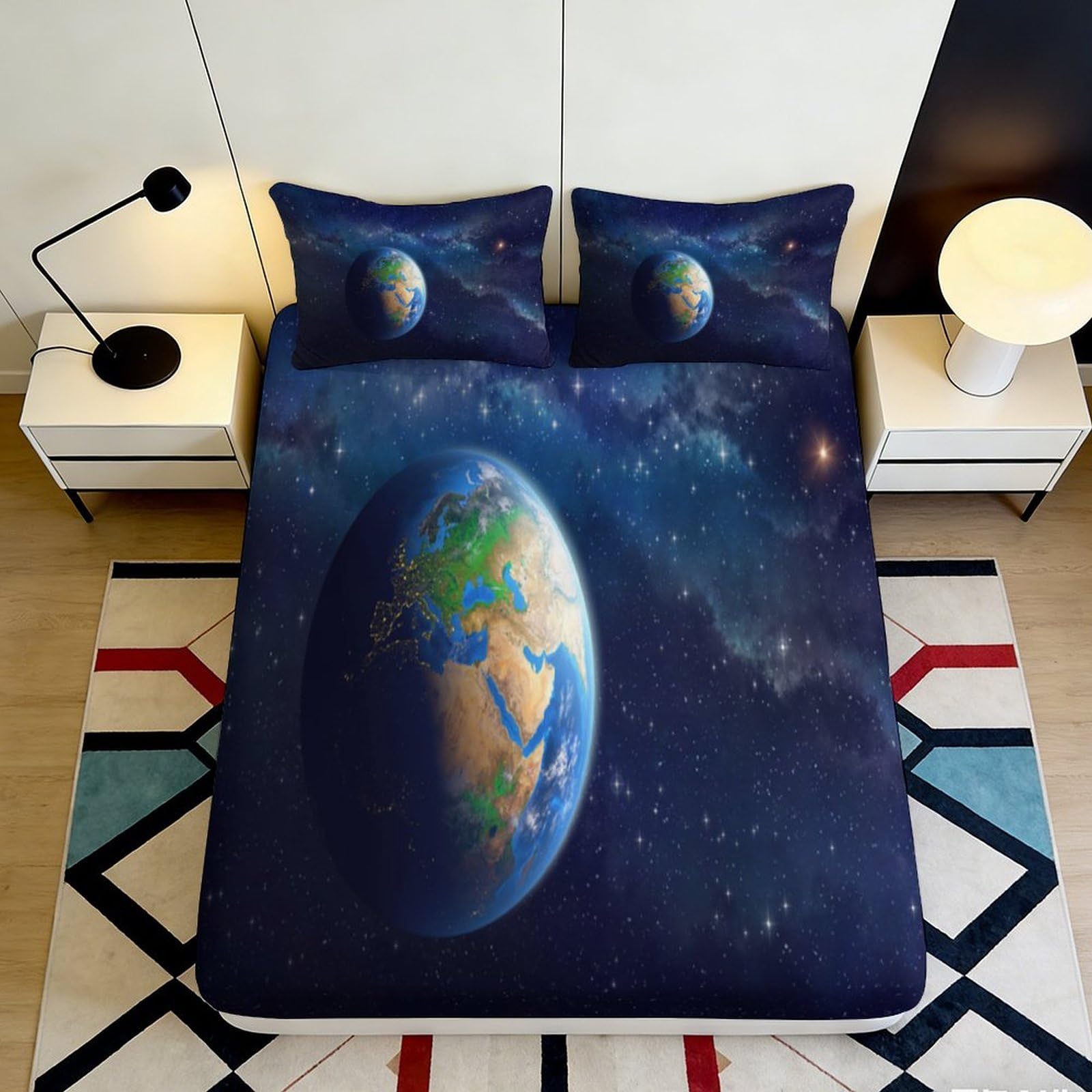 3D Printed Planet Microfiber Fitted Sheet Deep Pocket Non-Slip Bedroom Bedding Earth Mattress Fitted Cover Washable Protection 140x200x25cm