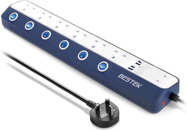 BESTEK Surge Protection Extension Lead, 1.8M 6 Way individual Switch Power Strip Plug Socket with 4 USB Ports (6 Way-White)