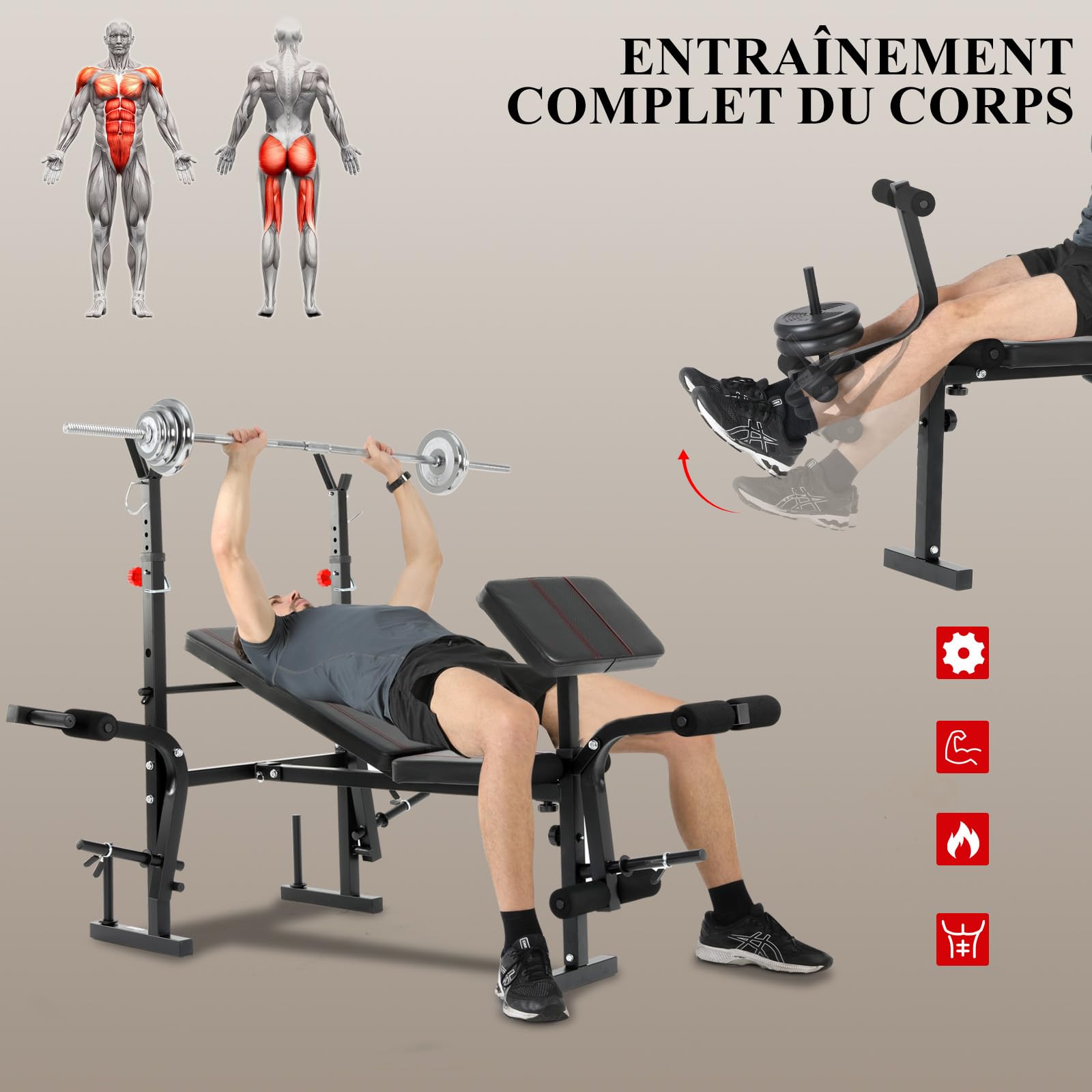 Banc de Musculation Complet Multifonction avec Dossier Réglable, Repose-Jambes et Support de Poids, Banc Musculation Pliable&Inclinable/Bancs Developper Coucher, Bancs de Biceps/de Curl