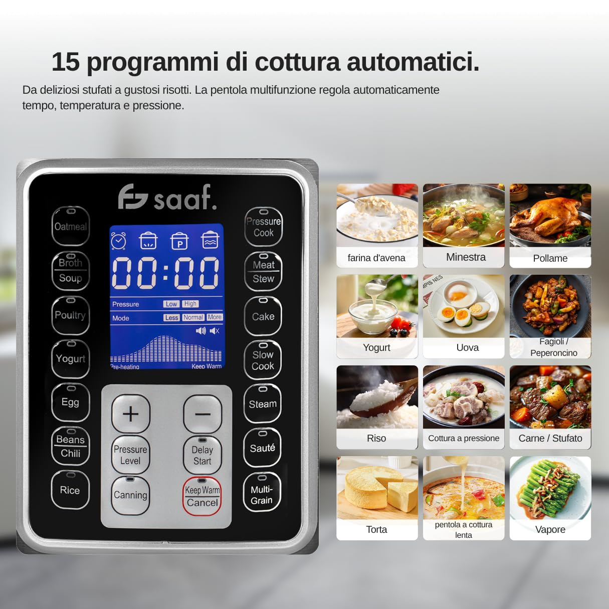 Saaf Multicooker – Set 11 Pezzi – 12 Programmi – Slowcooker, Cuociriso, Vaporizzatore & Pentola a Pressione – 6L – Include Coperchio, Pentola, Cucchiaio, Misurino & Ricettario – Display Digitale