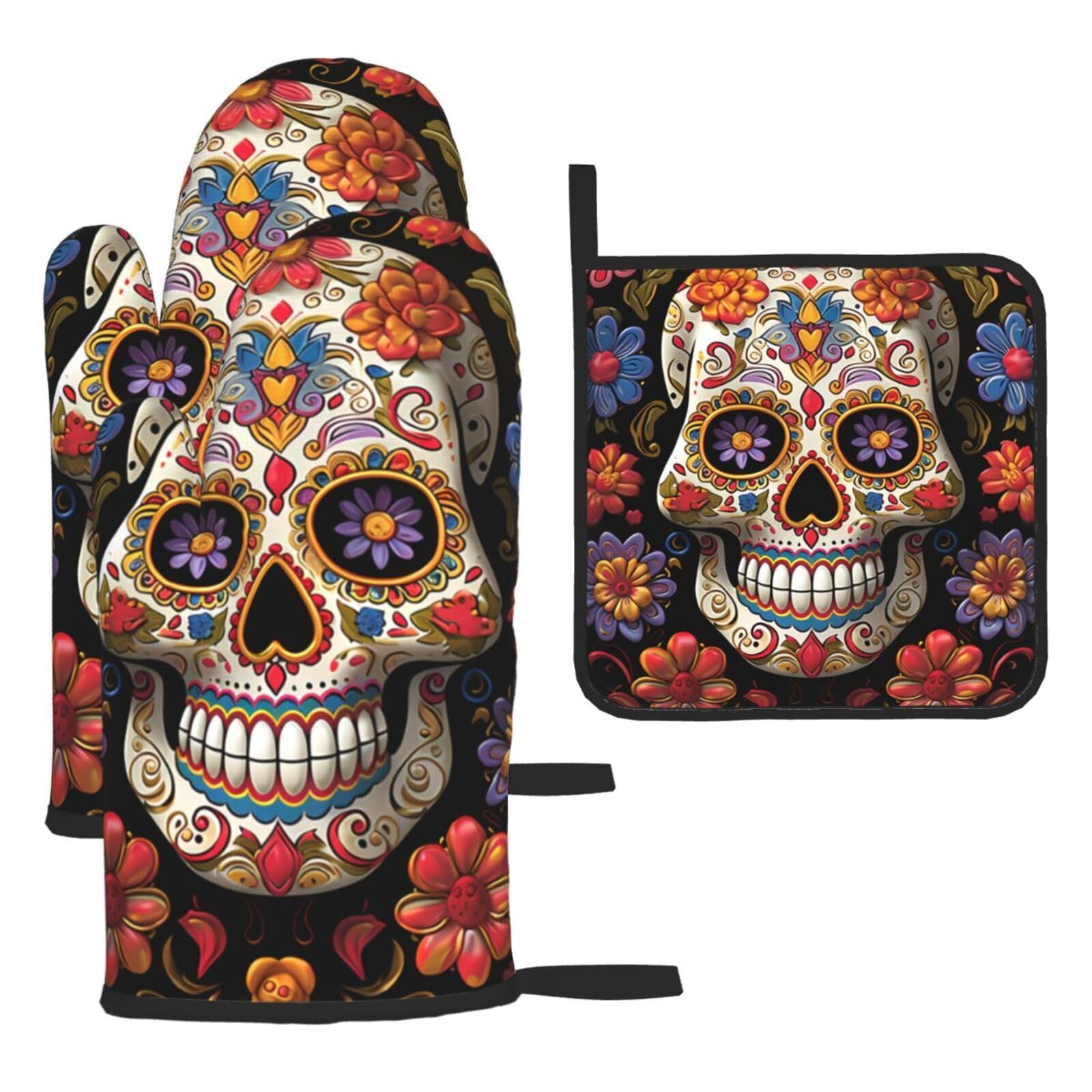 3 Piece Oven Mitts and Pot Holders Set Heat Resistant Oven Gloves and Potholders BBQ Gloves Hot Pads Sugar Skulls Cooking Gloves for Kitchen Baking Grilling