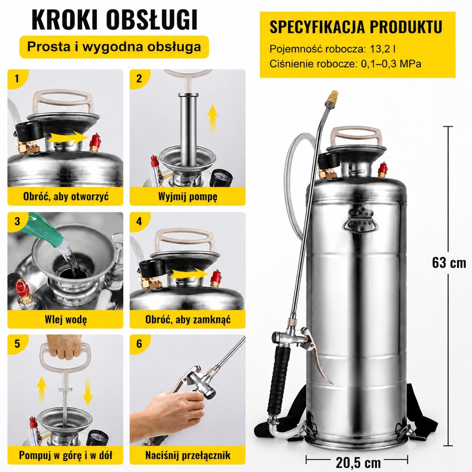 Opryskiwacz ciśnieniowy ze stali nierdzewnej 12 L z regulowaną dyszą, pompą ręczną i paskami na ramię do ogrodu oraz podłóg