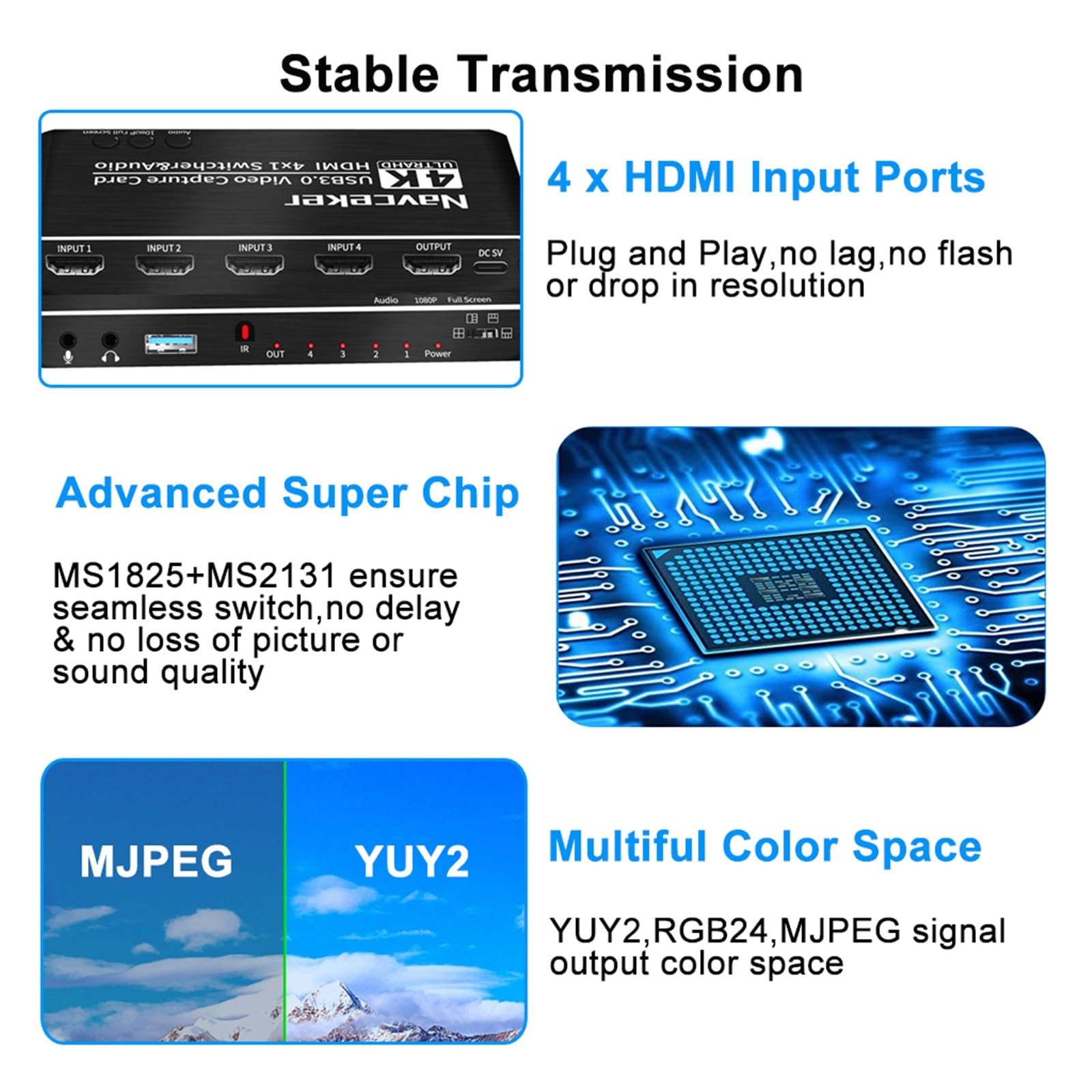 Przełącznik Wideo, Karta przechwytująca wideo 4K z 4 portami i USB 3.0, zgodna z rejestratorem Grabber, płynny przełącznik do nagrywania transmisji strumieniowej na żywo