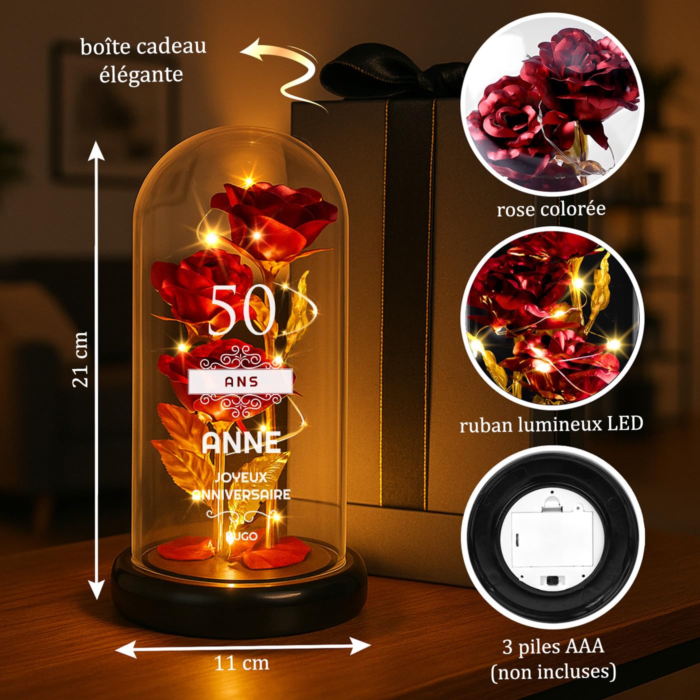 Maverton Rose Eternelle sous Cloche en Verre avec Personnalisation - Fleur Eternelle Cadeau Maman - Rose Rouge Artificielle 21x11 avec Lumière LED - Idee Cadeau Anniversaire Femme Original - 50 Ans