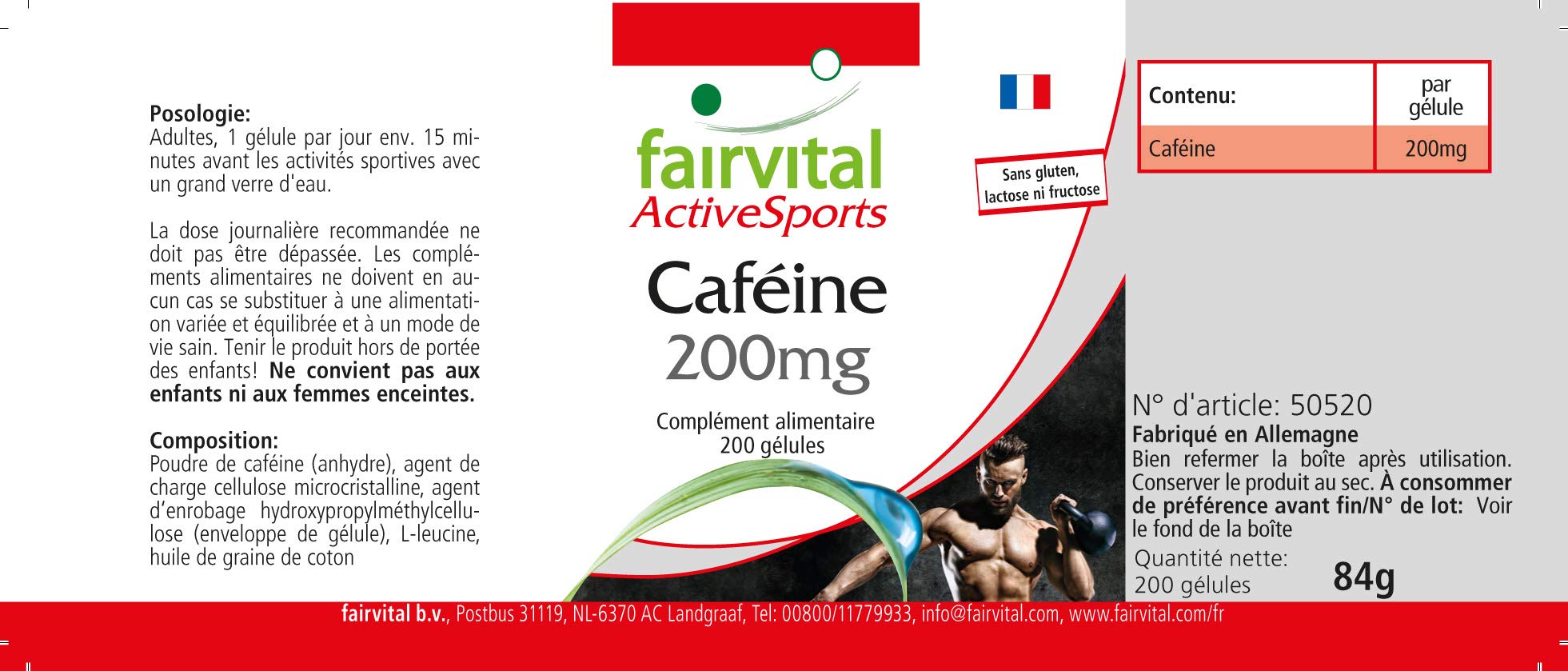 fairvital Capsule di caffeina, 200 capsule ad alto dosaggio da 200 mg ciascuna, facili da deglutire, VEGANE