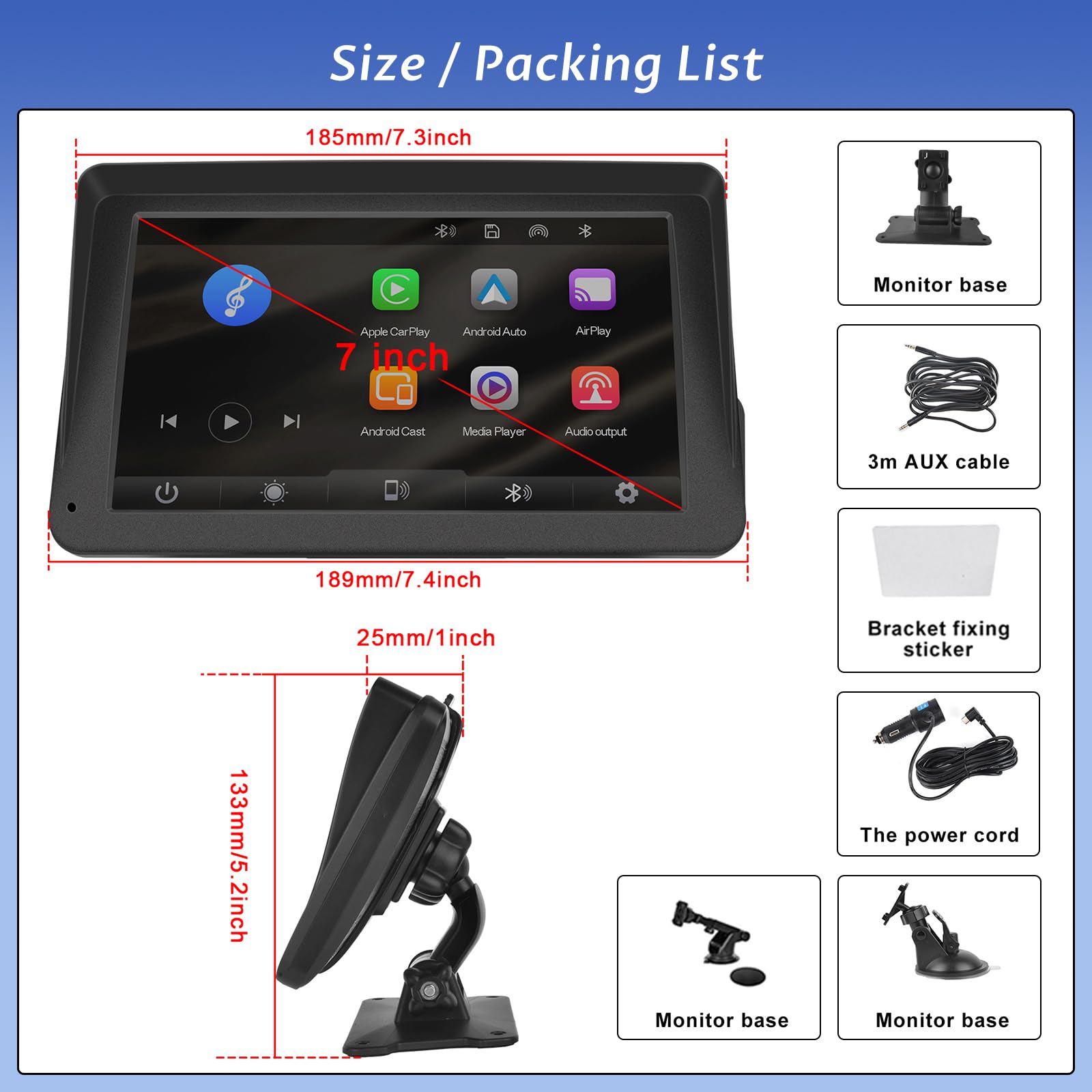 Hodozzy Wireless Carplay Android Auto Tragbarer Bildschirm, 7 Zoll Touchscreen mit AirPlay/Mirror Link,Car Multimedia Player Bluetooth Display Autoradio Empfänger FM AUX TF,Tragbarer Autoradio