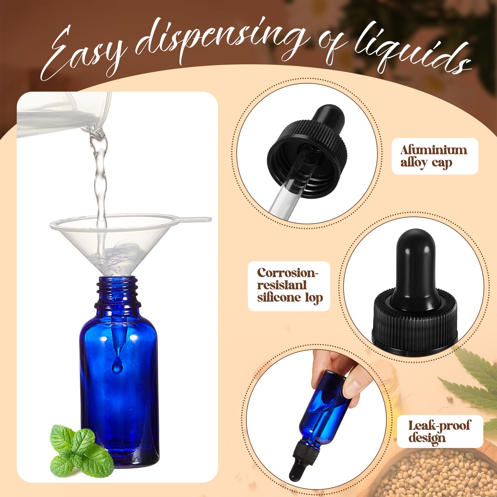 Lallisa Tropfflaschen für ätherische Öle, Glas-Tropfflaschen mit Augentropfenspender, Tropfflaschen mit 5 Trichtern, 5 Pipetten, 3 ml, 100 Etiketten für ätherisches Öl, Parfüm (blau, 30 ml, 1 oz)