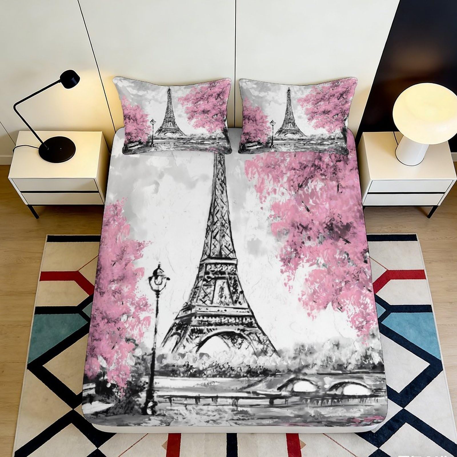 3D Printed Eiffel Tower Paris Fitted Sheet Microfiber Soft Pink Blossom Bed Cover for Bedroom Dorm Décor Mattress Protection 90x200x25cm