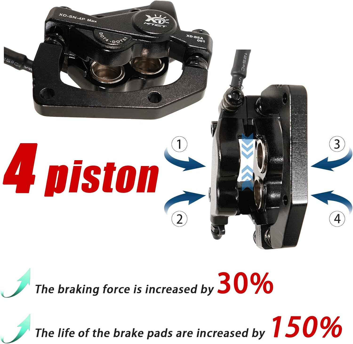 4 Piston Hydraulic Brakes for Ebike: 2 PIN Waterproof Power-Off Connector, Pre-Bleed Filled with DOT 4 Brake Fluid Brake Kit - 180mm 2.75mm Thickened Rotor (Black, 4 Piston)