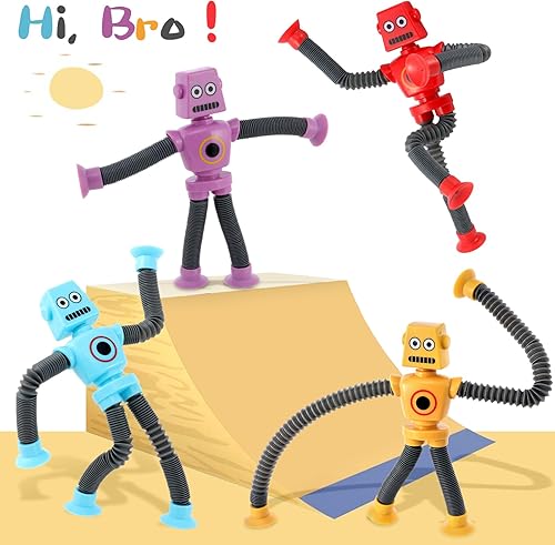 Miniatura 4 de Pop Tubes LED Robot 4 Pcs Light Up Fidget Tubes Sensory Toys Robot Telescopic Suction Cup, Toddler Autism Stress Relief Stocking Stuffers Halloween