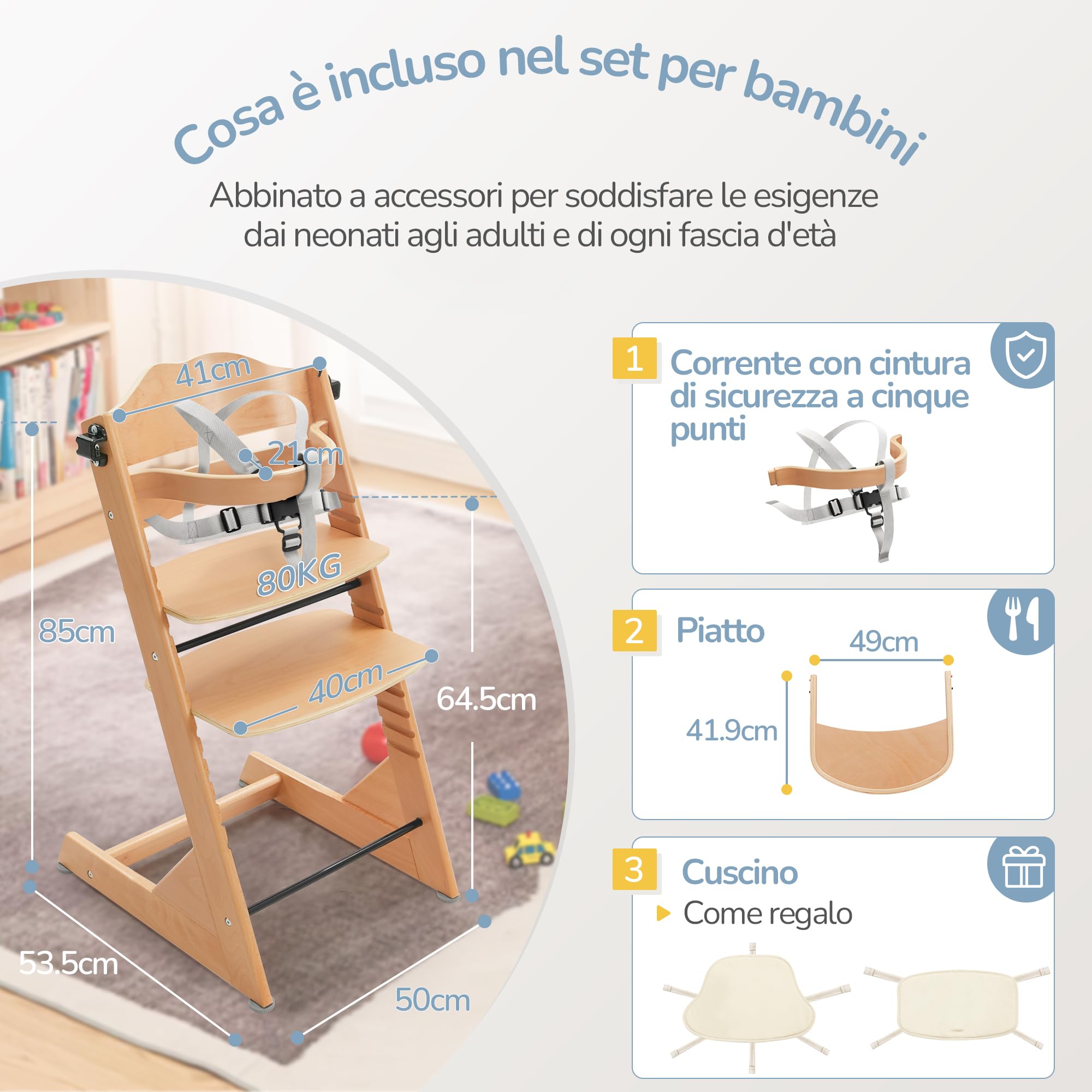 LUE BONA Seggiolone pappa,Evolutivo Seggiolino da Tavolo per bambini,Con Vassoio Rimovibile,Cuscino e Cintura di Sicurezza Pratico per Neonati e Bambini,Naturale