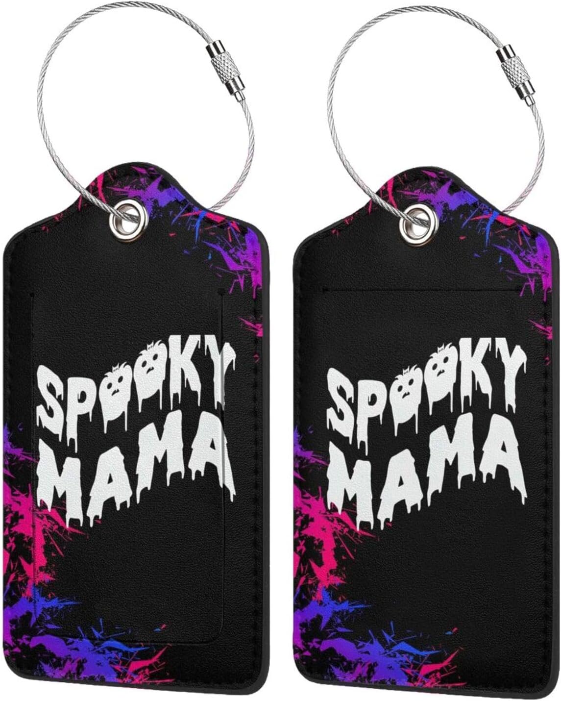 Spooky Mama 2 Pack PU Leather Bag Tags Privacy Flap Shields Address Card Steel Wire Loop fits Carry-ons, Backpacks, duffels Trips