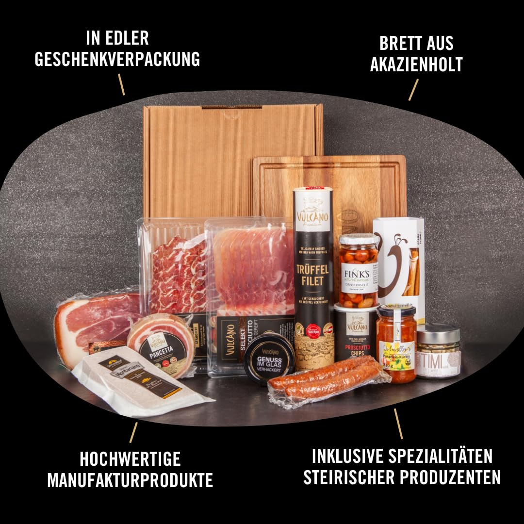 Vulcano Geschenkpaket Superlative – Premium Feinkost Geschenkset aus Österreich mit Schinken, Käse, Snacks & Süßigkeiten, handverlesen & stilvoll verpackt für Gourmets & Genießer
