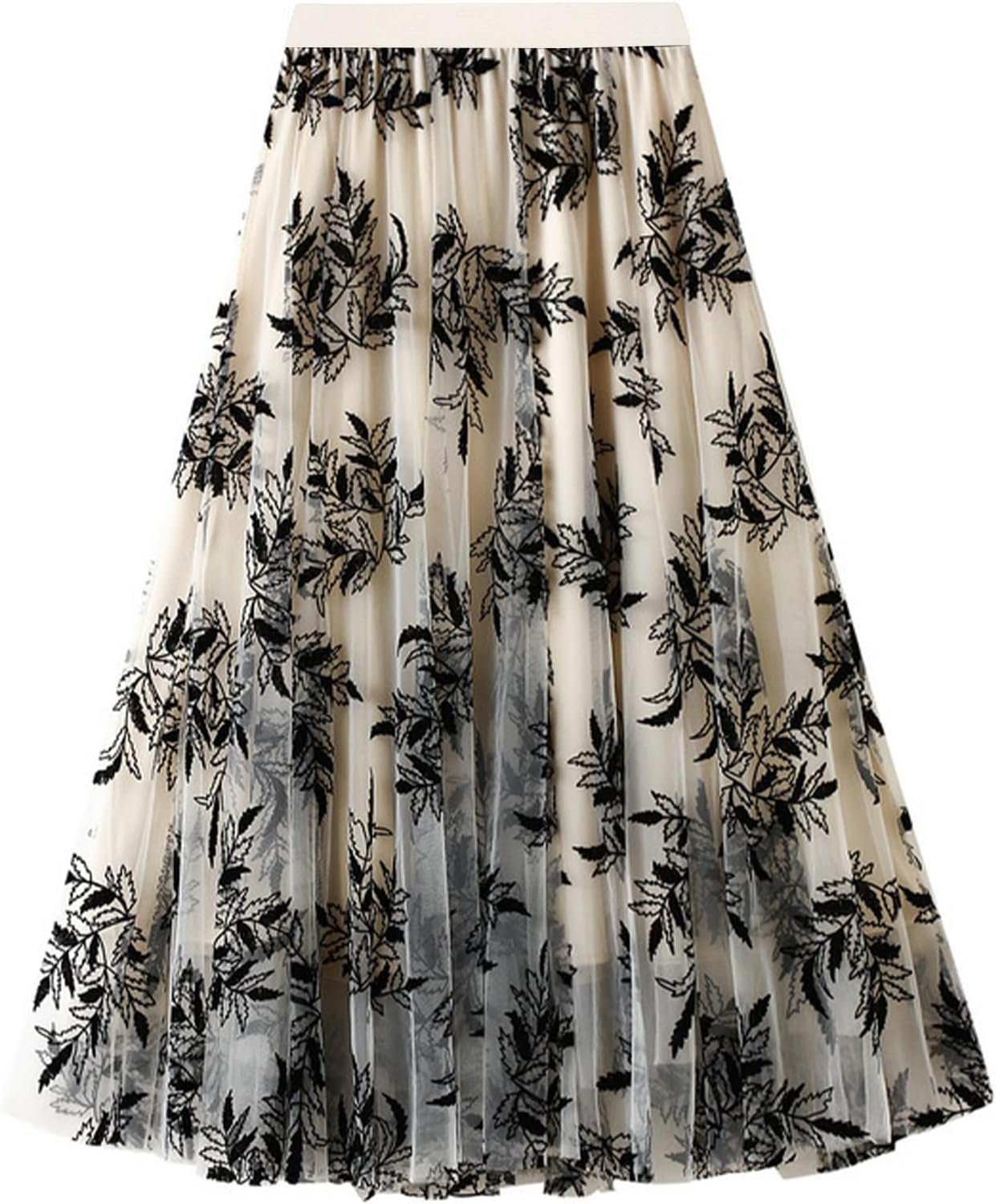Flygo Women's Midi Long Tulle Skirts Dressy Casual Elegant A-Line Elastic Waist Foliage Embroidery Mesh Skirt