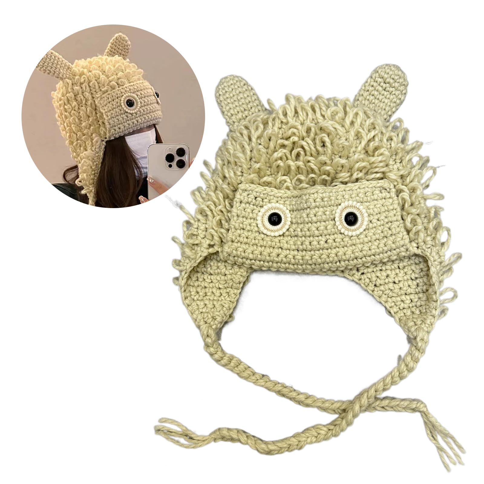 Women Cartoon Eyes Knit Ear Muff Hat for Skiing Hiking Lady Windproof with Braid Ear Flap Beige