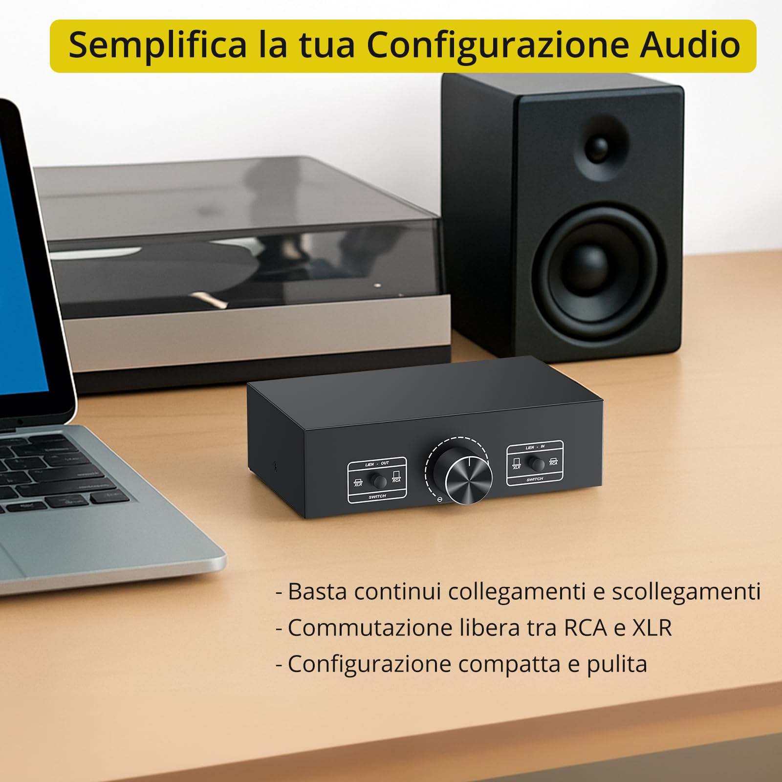 PROZOR Commutatore Audio 2-IN-2-OUT, Switch Selettore e Convertitore XLR a RCA Bidirezionale con Controllo del Volume Passivo Preamplificatore per Altoparlanti da Studio, Home Cinema, DJ