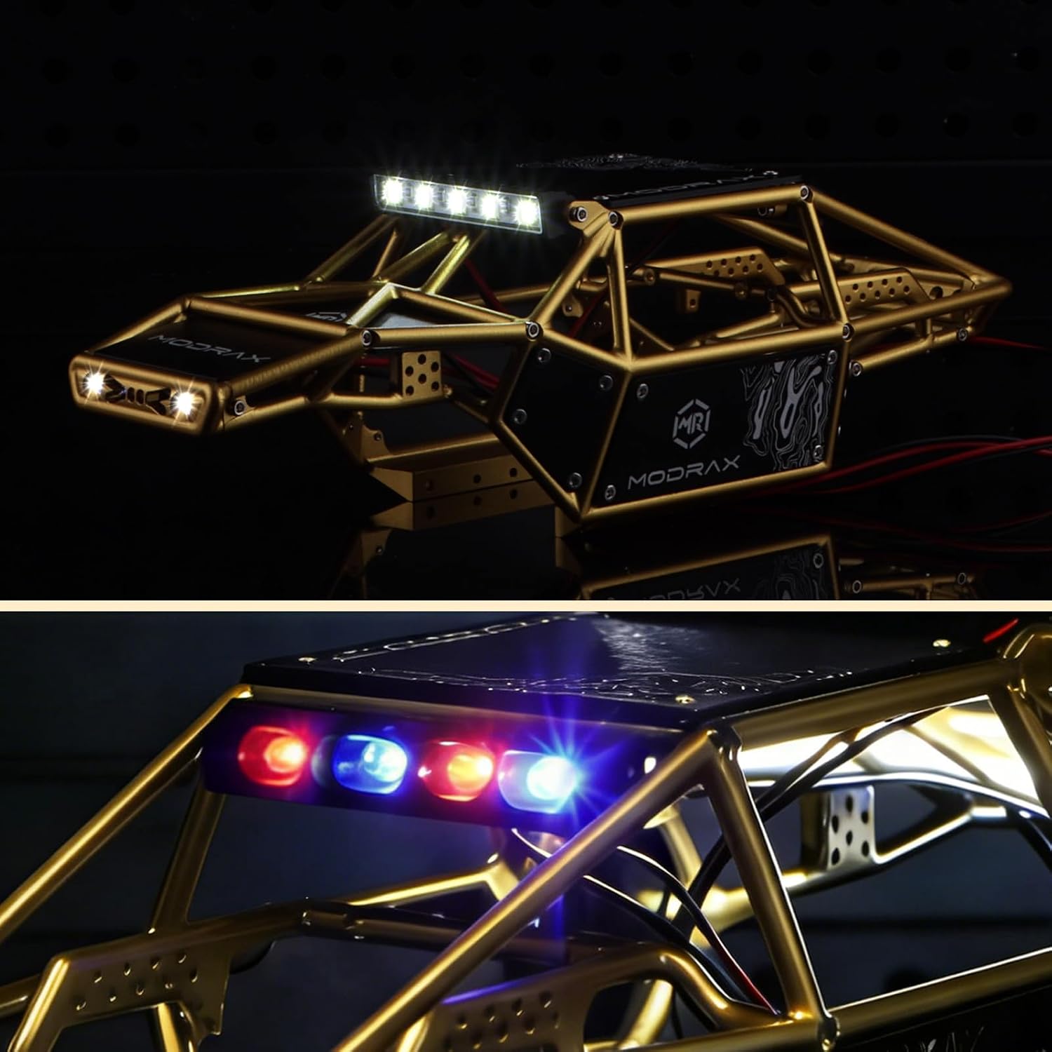 MR24-Bharal CNC Aluminum Body Shell with LED Lights for Axial 1/24 SCX24 C10 JLU Bronco Base Camp 4Runner Upgrade Parts (Black & Gold)