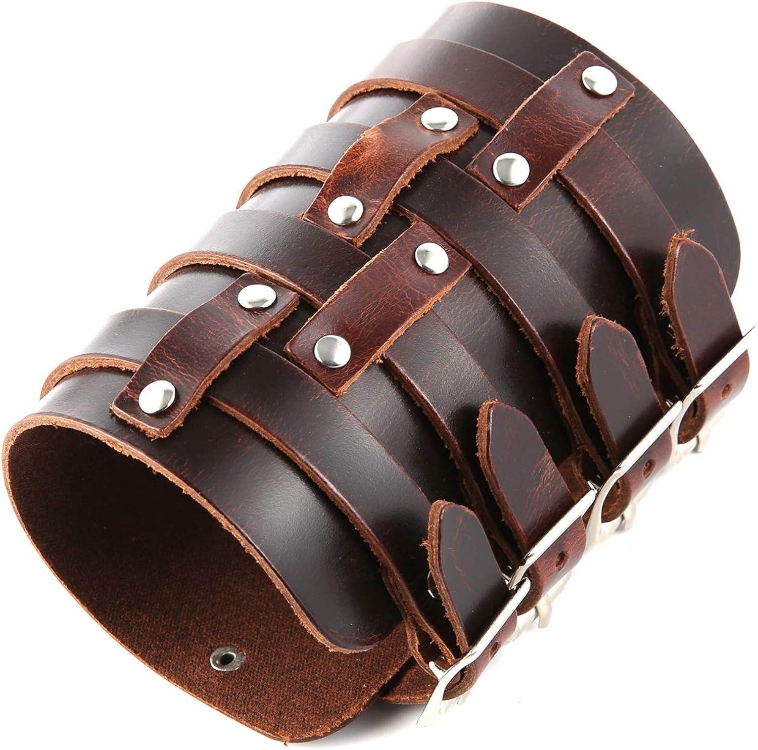 HZMAN Mens Leather Wide Triple Strap Cuff Wrap Gauntlet Wristband Buckle Fastening Arm Armor Cuff 4 Rows (Brown): Clothing, Shoes & Jewelry