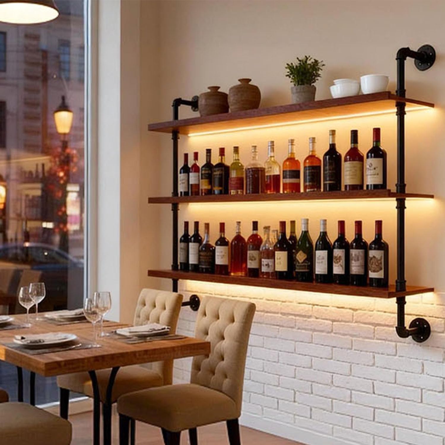 47.2" Modern Wine Rack Wall Mounted with LED Lights, 3-Tiers Industrial Pipe Liquor Floating Shelves, Rustic Metal Wall Wine Rack for Home, Restaurant, Commercial Bar, Kitchen Storage Display