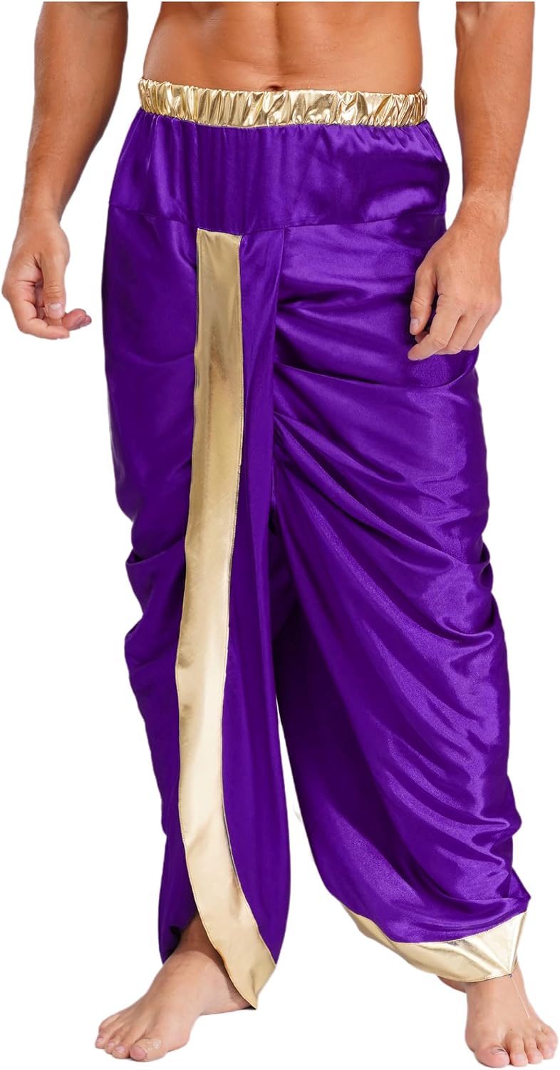 Vxuxlje Mens Dhoti Trousers Shiny Metallic Ruched Indian Traditional Trousers Festival Costume