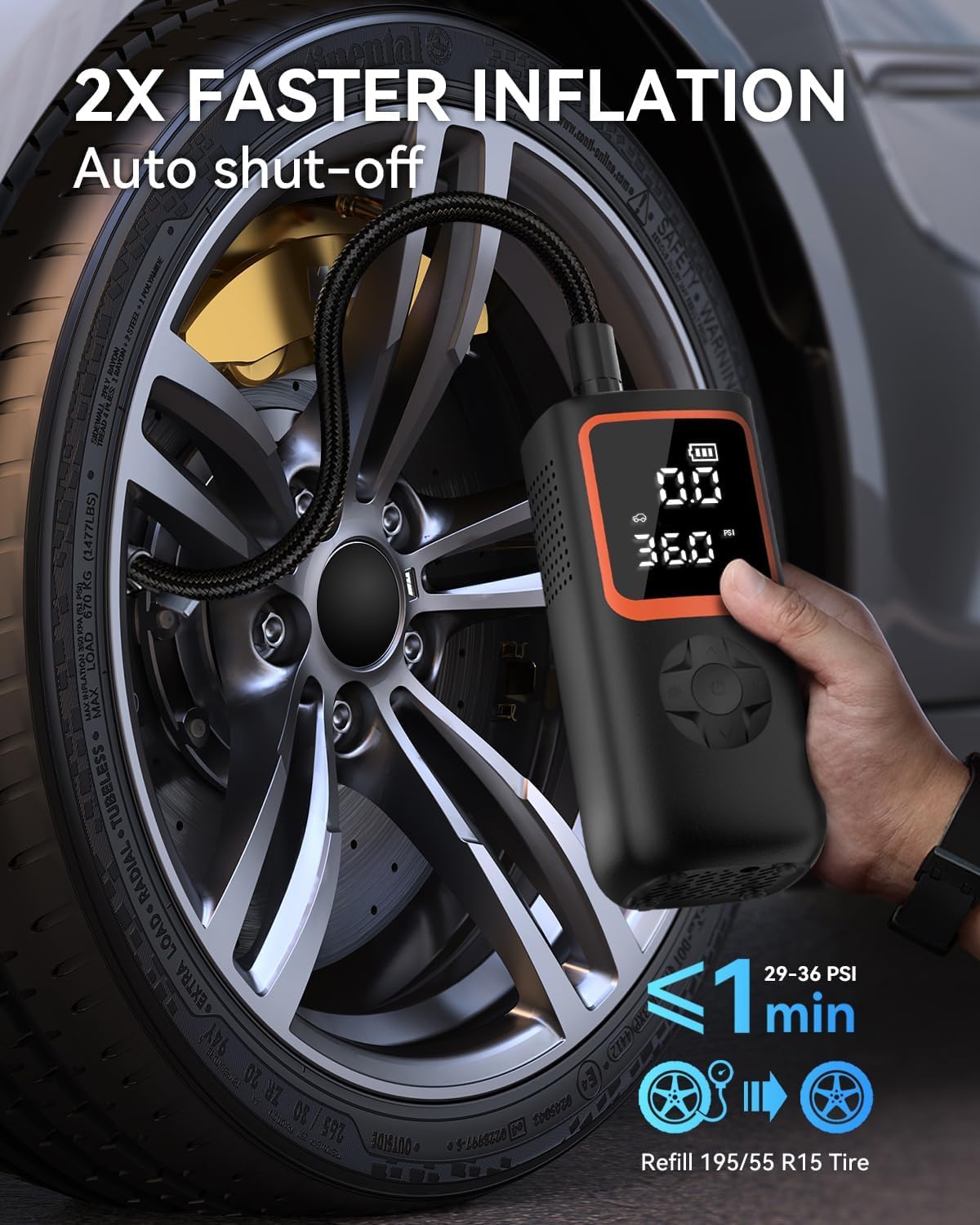Gonfleur de pneus portable - Pompe à air sans fil 150PSI pour pneus de voiture avec manomètre et lumière LED, gonflage 2X plus rapide Compresseur d'air électrique pour voiture, vélo, moto, ballon