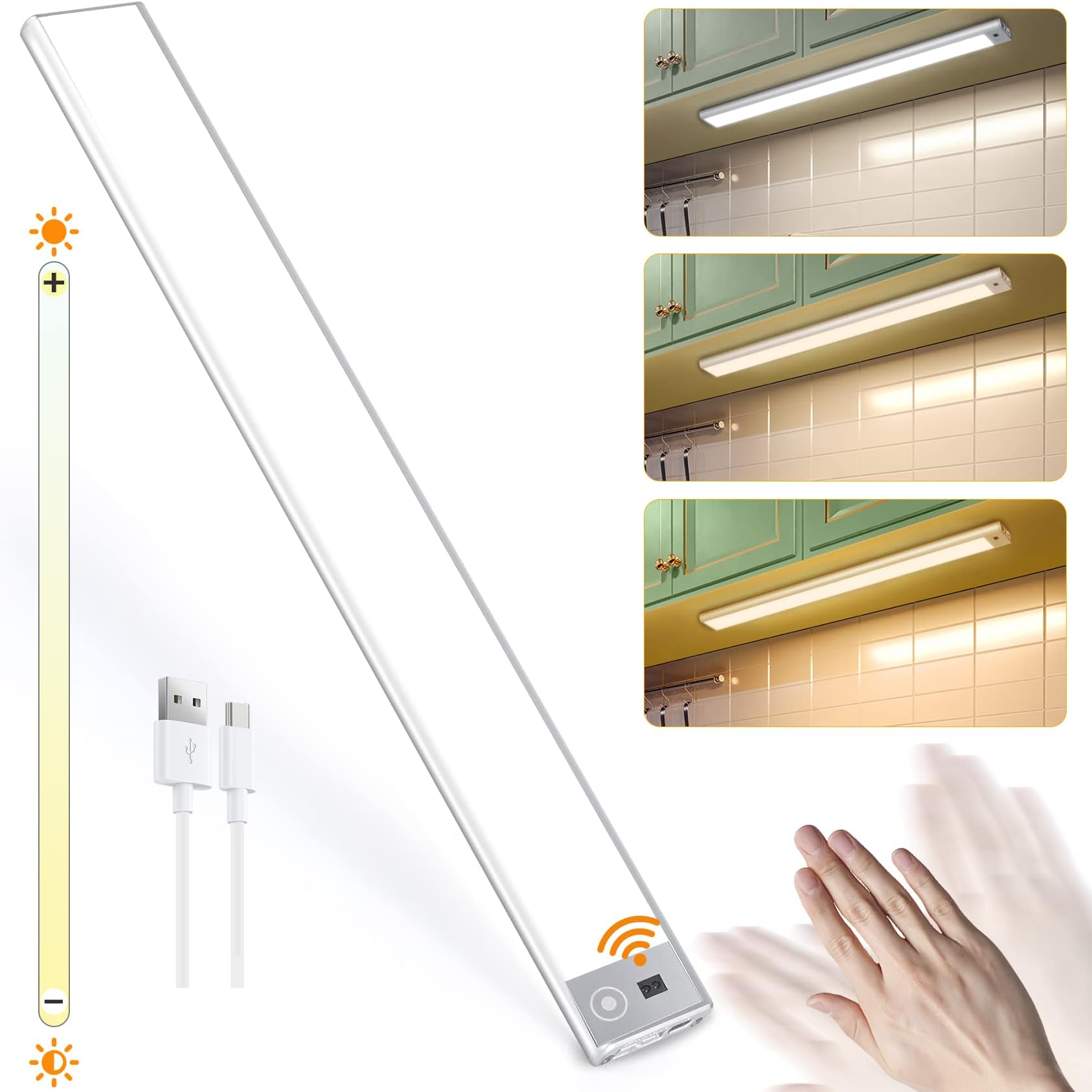 Eocean Under Cabinet Light with Wave Hand Sensor,Eocean 140 LED Rechargeable 3 Colors Dimmer Wireless Closet Light , Ultra-thin 40cm Magnetic Night Light for Wardrobe, Cupboard,Bedroom