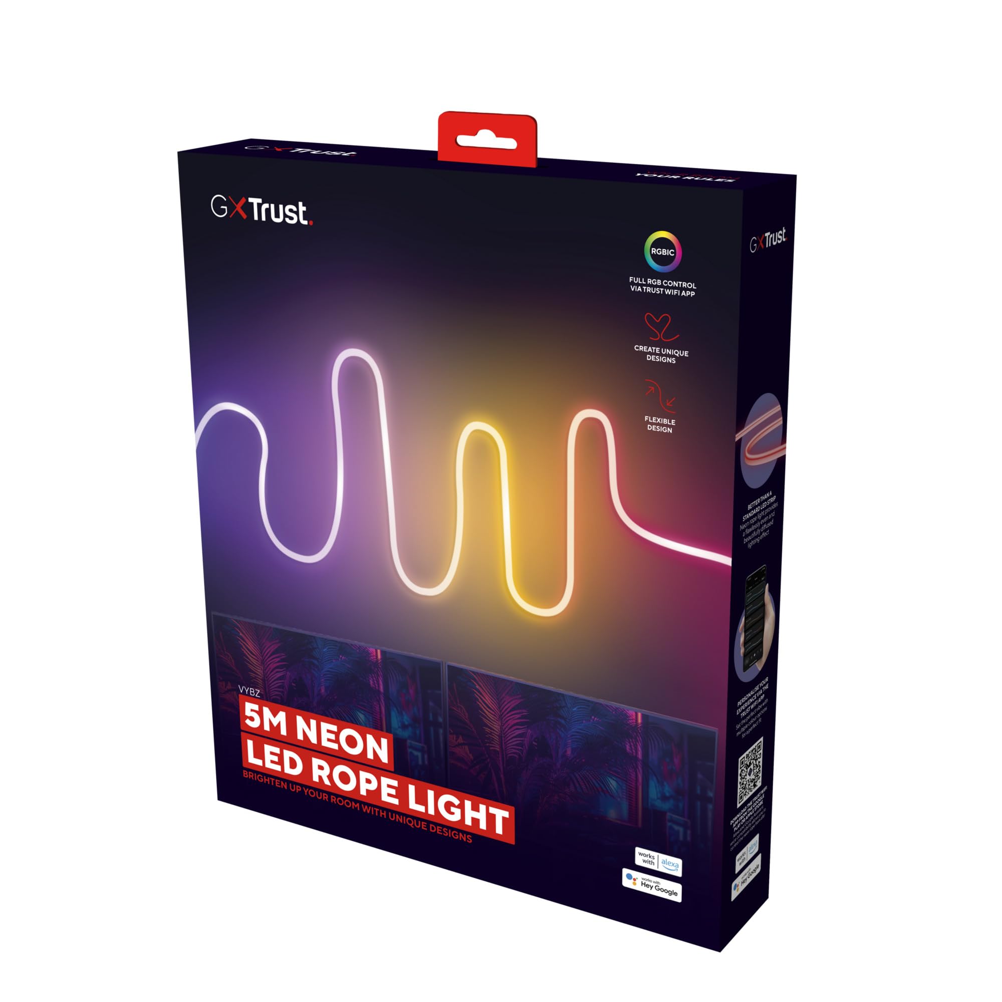 Trust Gaming GXT 904 Vybz Striscia Led Personalizzabile, Led Flessibile 5m con 44 Modalità Di Illuminazione, Sincronizzazione Musica, Applicazione, Neon LED RGB per Camera, Accessori Gaming Room