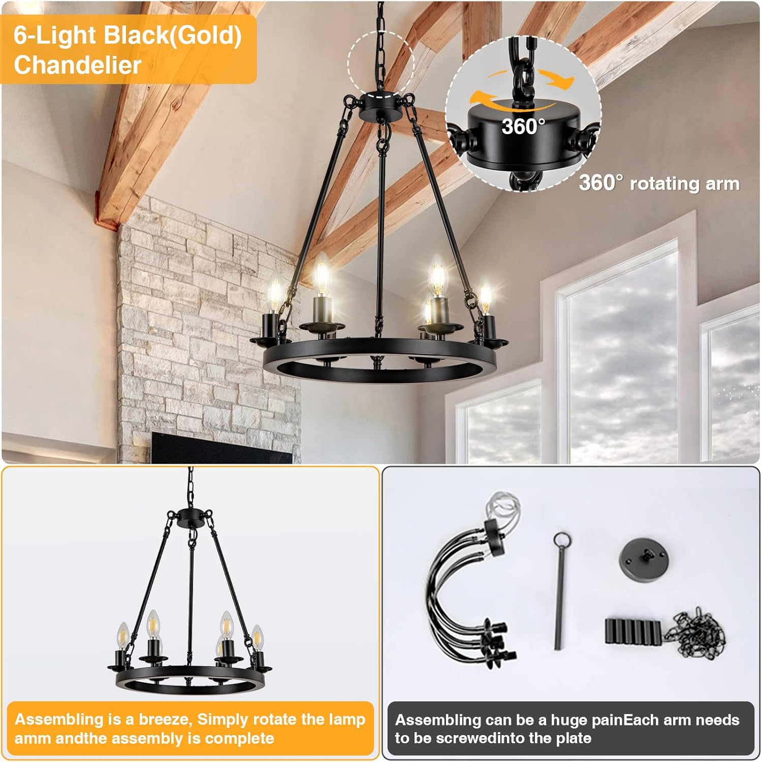 YIOSI Wagon Wheel Chandelier, 6-Light Black Round Modern Farmhouse Chandelier with Adjustable Height Hanging Island Light Fixture for High Ceiling Dining Room, Kitchen, Living Room, Entryways, Foyer